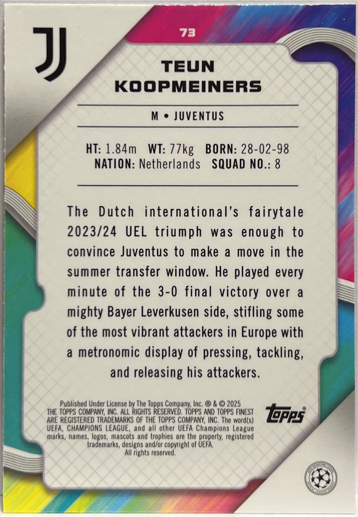 Teun Koopmeiners 175/250 Pink Raywave Topps Finest UCC 2024/25