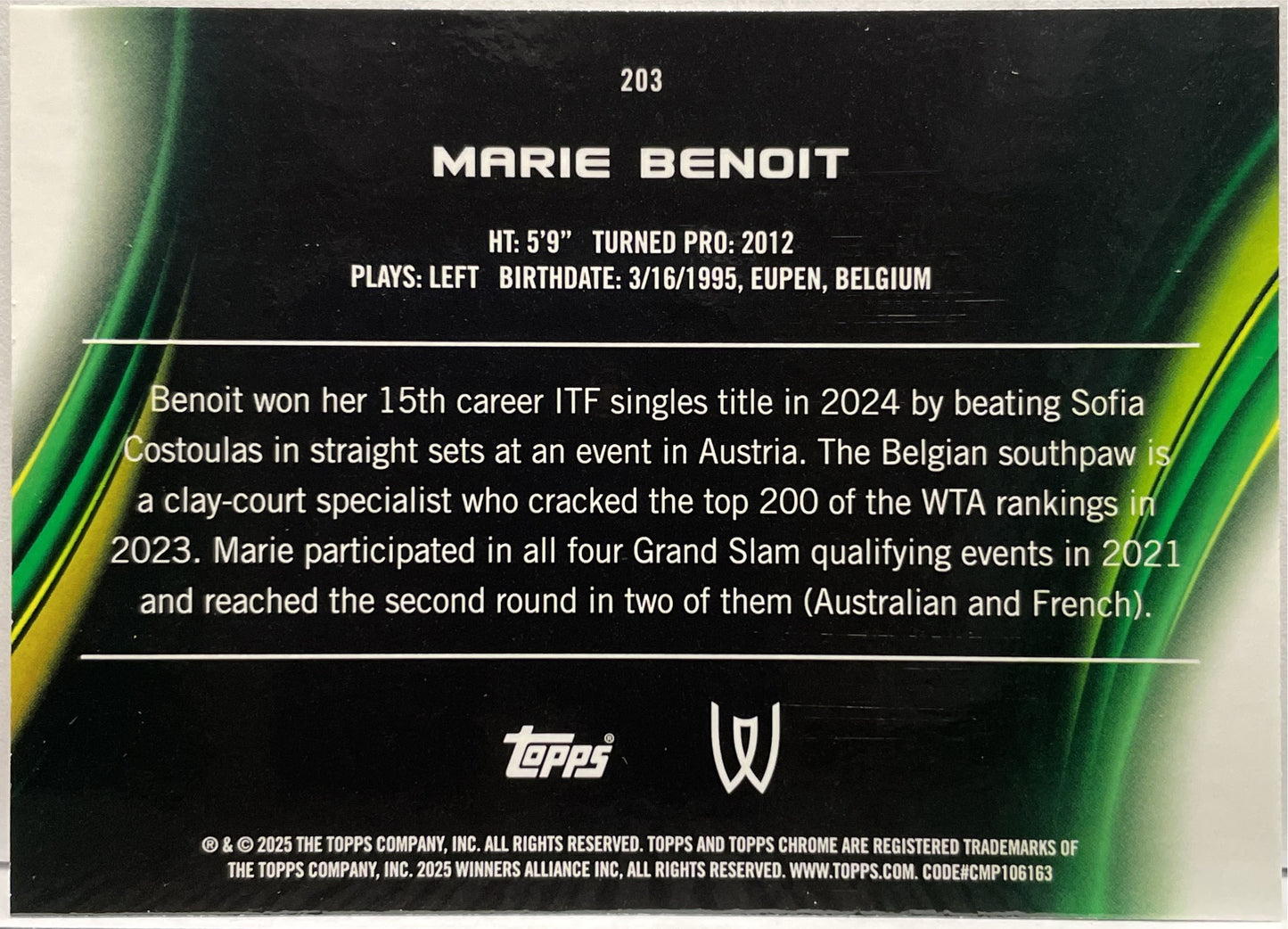 Marie Benoit 59/99 1ST Green Topps Chrome Tennis 2025