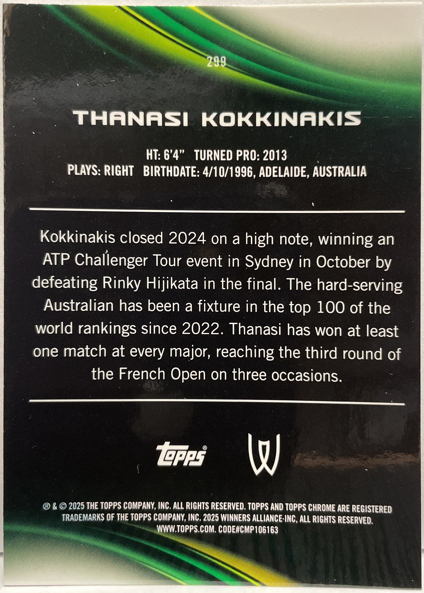 Thanasi Kokkinakis 25/99 1ST Green Topps Chrome Tennis 2025