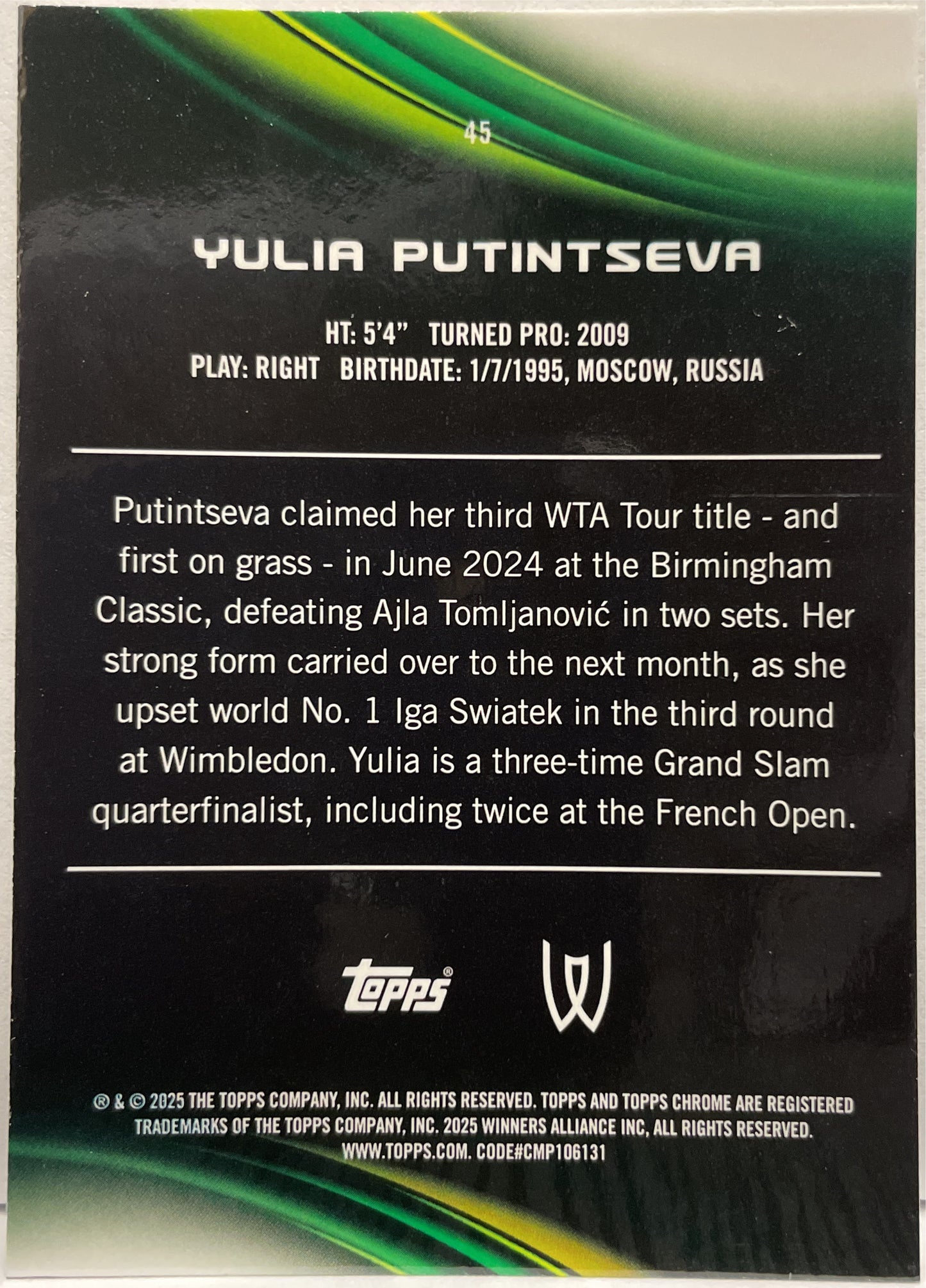 Yulia Putintseva 99/99 1ST Green Topps Chrome Tennis 2025