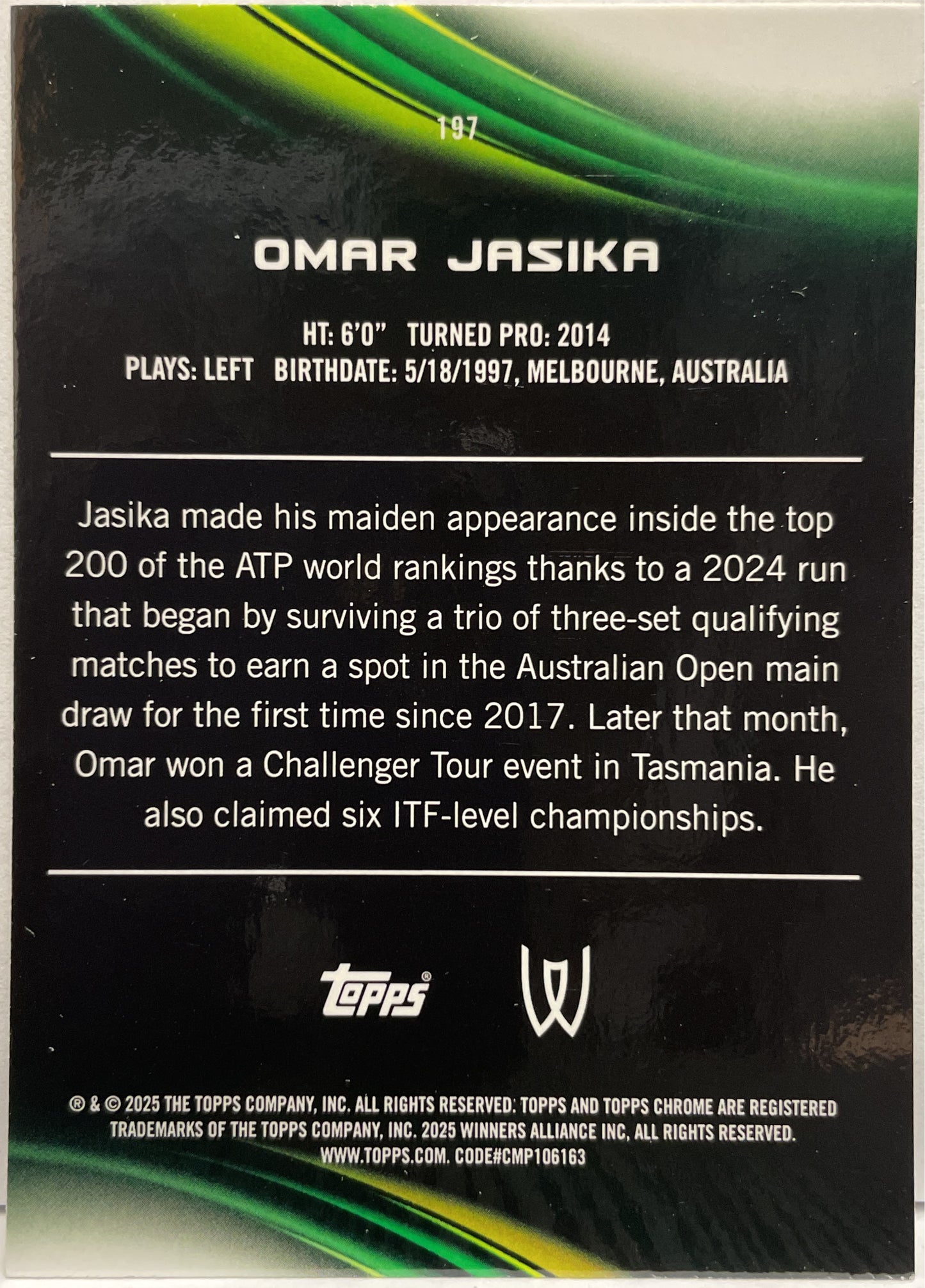 Omar Jasika 56/99 1ST Green Topps Chrome Tennis 2025
