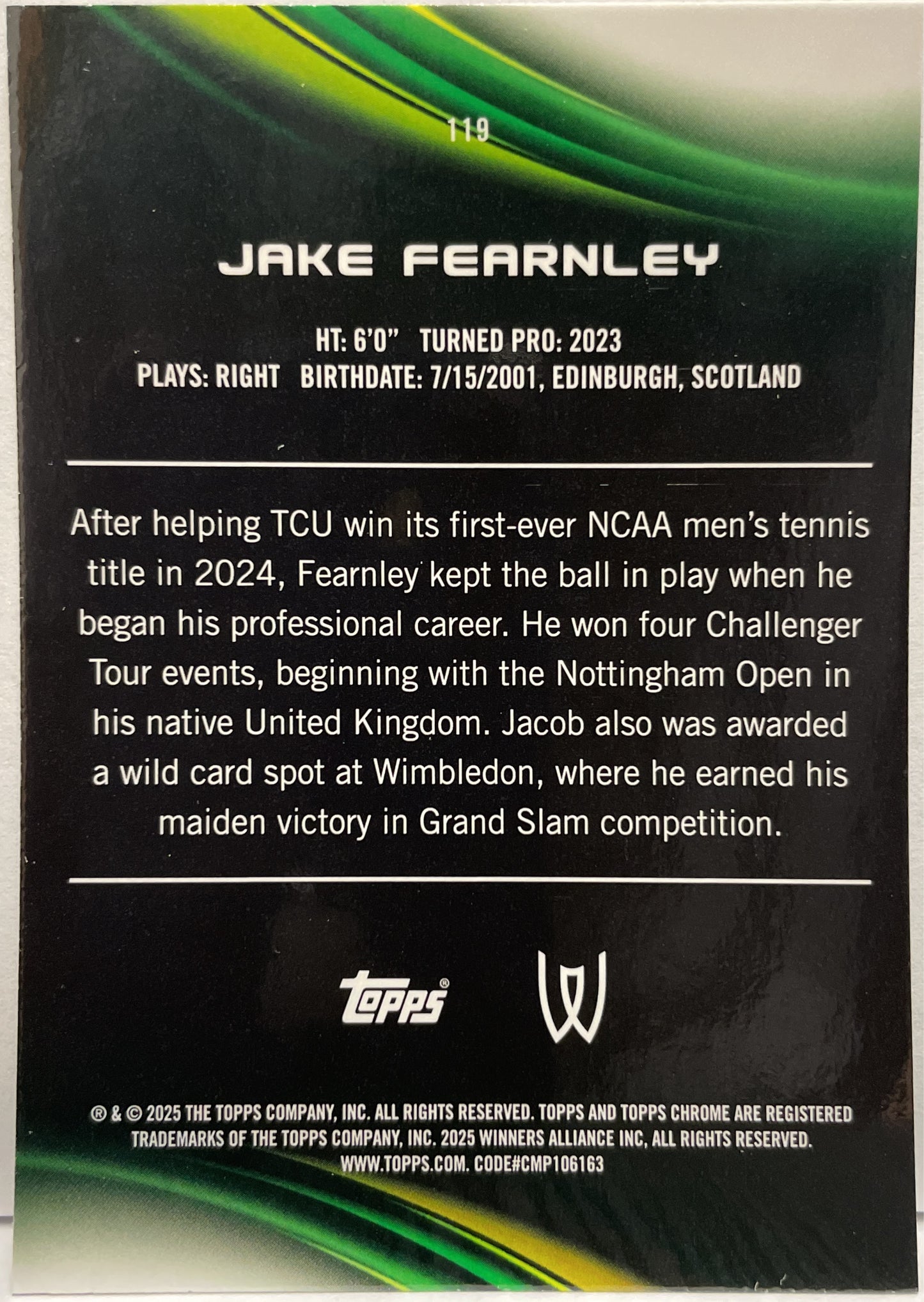 Jake Fearnley 53/99 Rookie Green Topps Chrome Tennis 2025