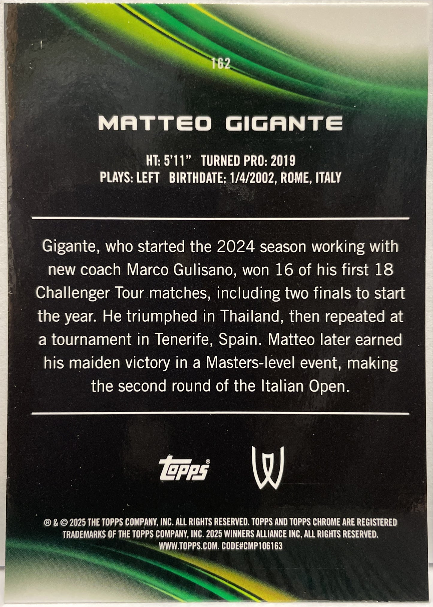 Matteo Gigante 2/99 Rookie Green Topps Chrome Tennis 2025