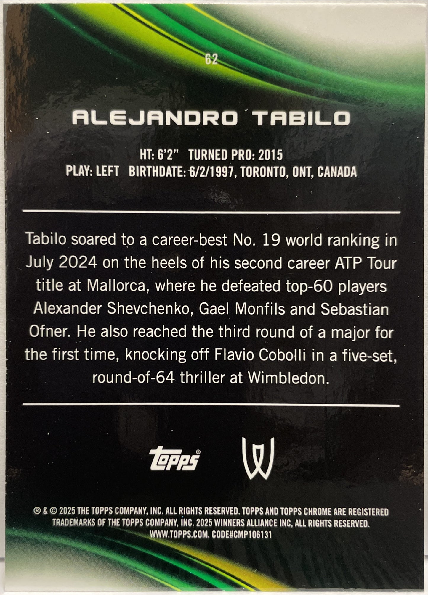Alejandro Tabilo 92/99 1ST Green Topps Chrome Tennis 2025