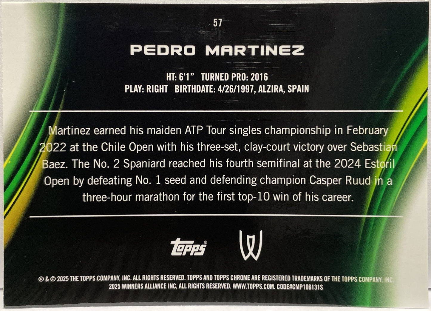 Pedro Martinez 71/125 1ST Purple Green Topps Chrome Tennis 2025