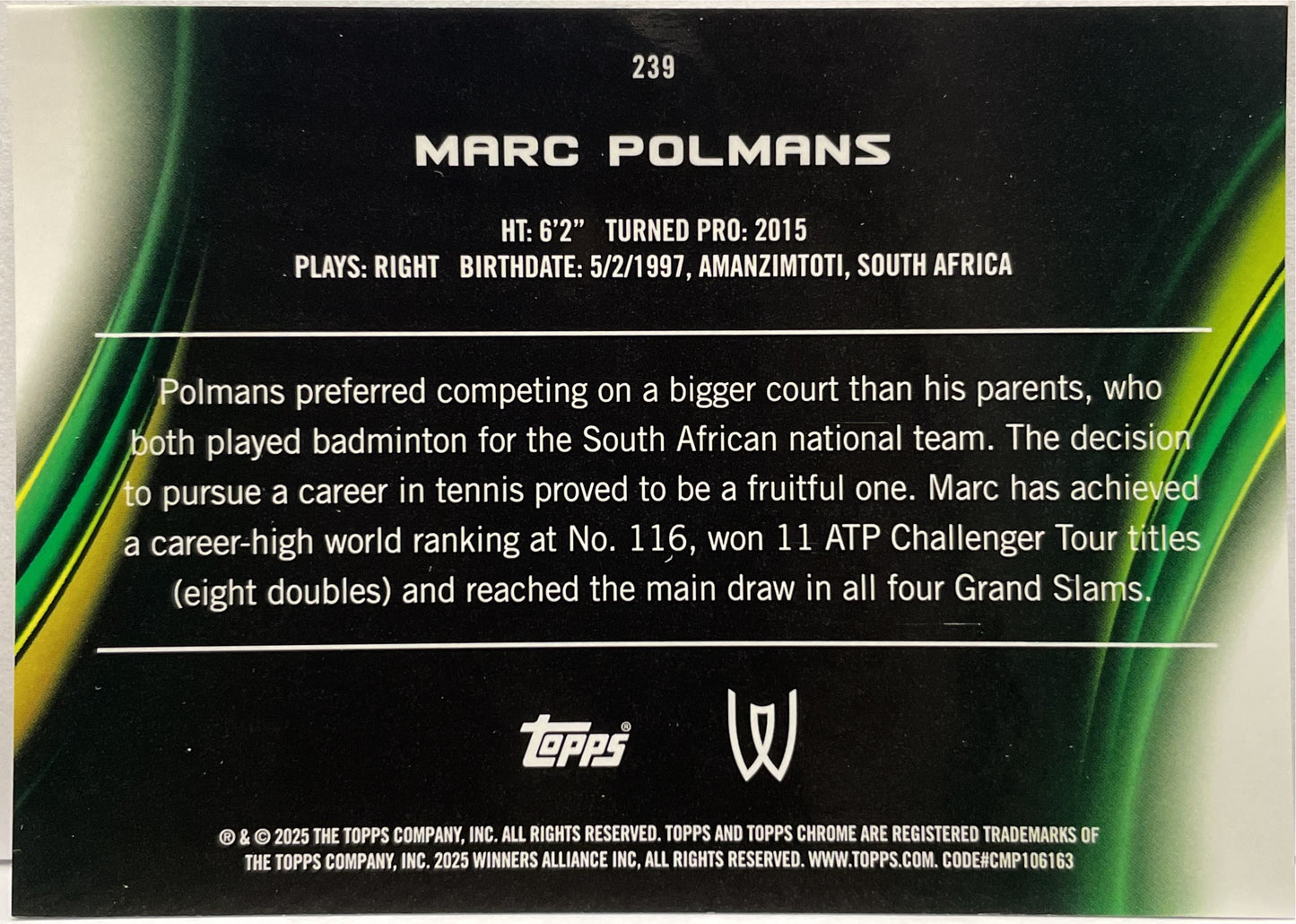 Marc Polmans 54/125 1ST Purple Green Topps Chrome Tennis 2025