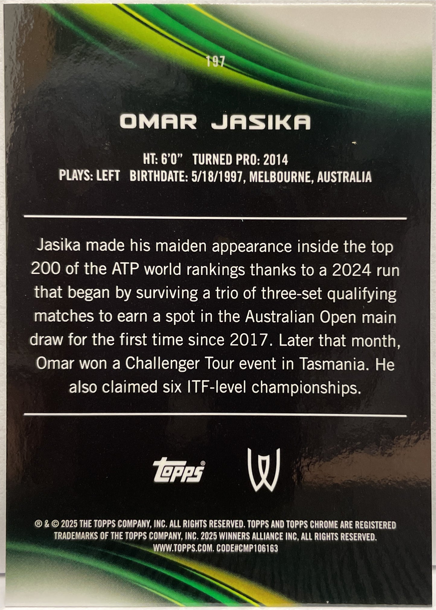 Omar Jasika 98/125 1ST Purple Green Topps Chrome Tennis 2025