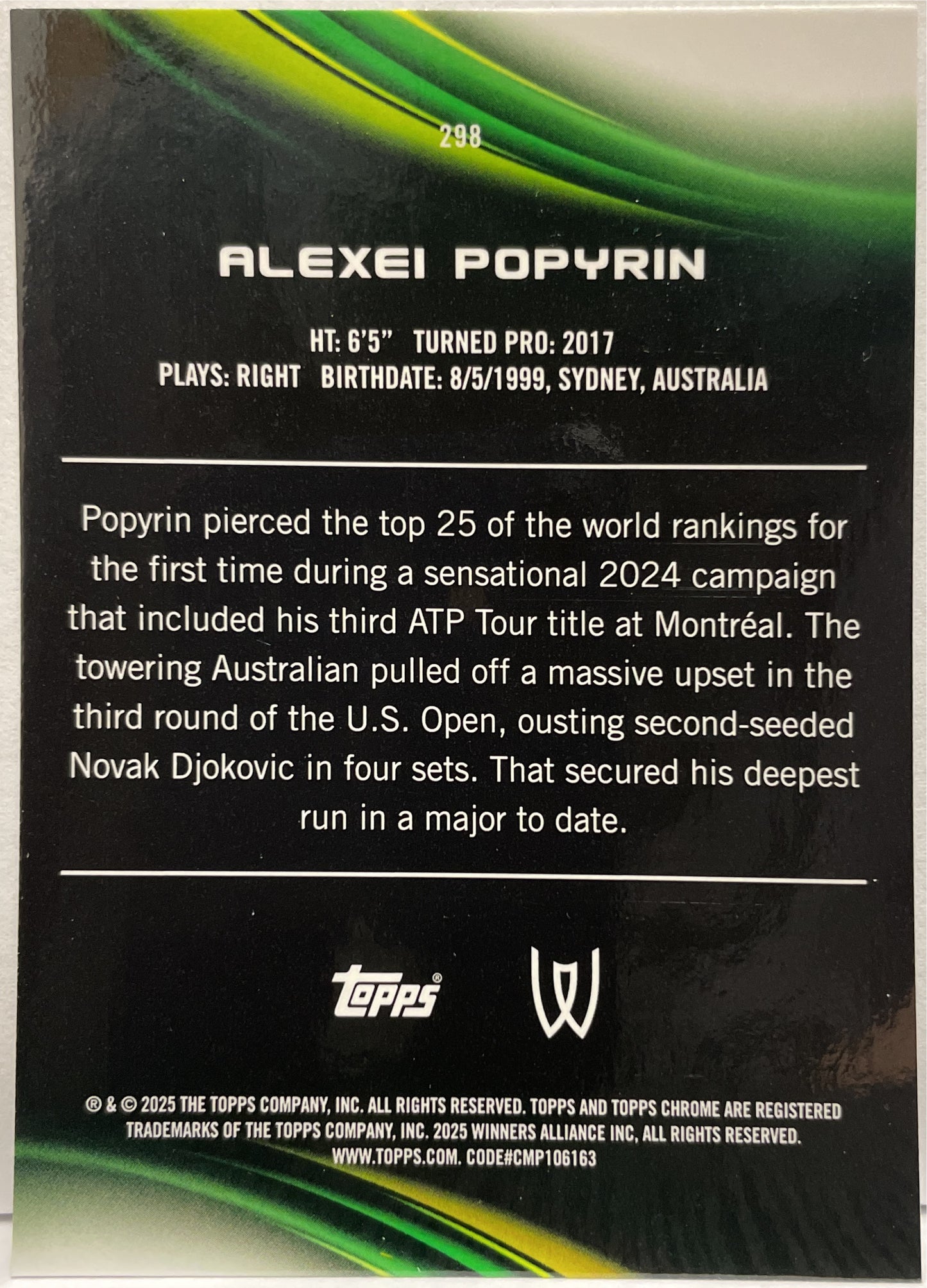Alexei Popyrin 115/125 1ST Purple Green Topps Chrome Tennis 2025