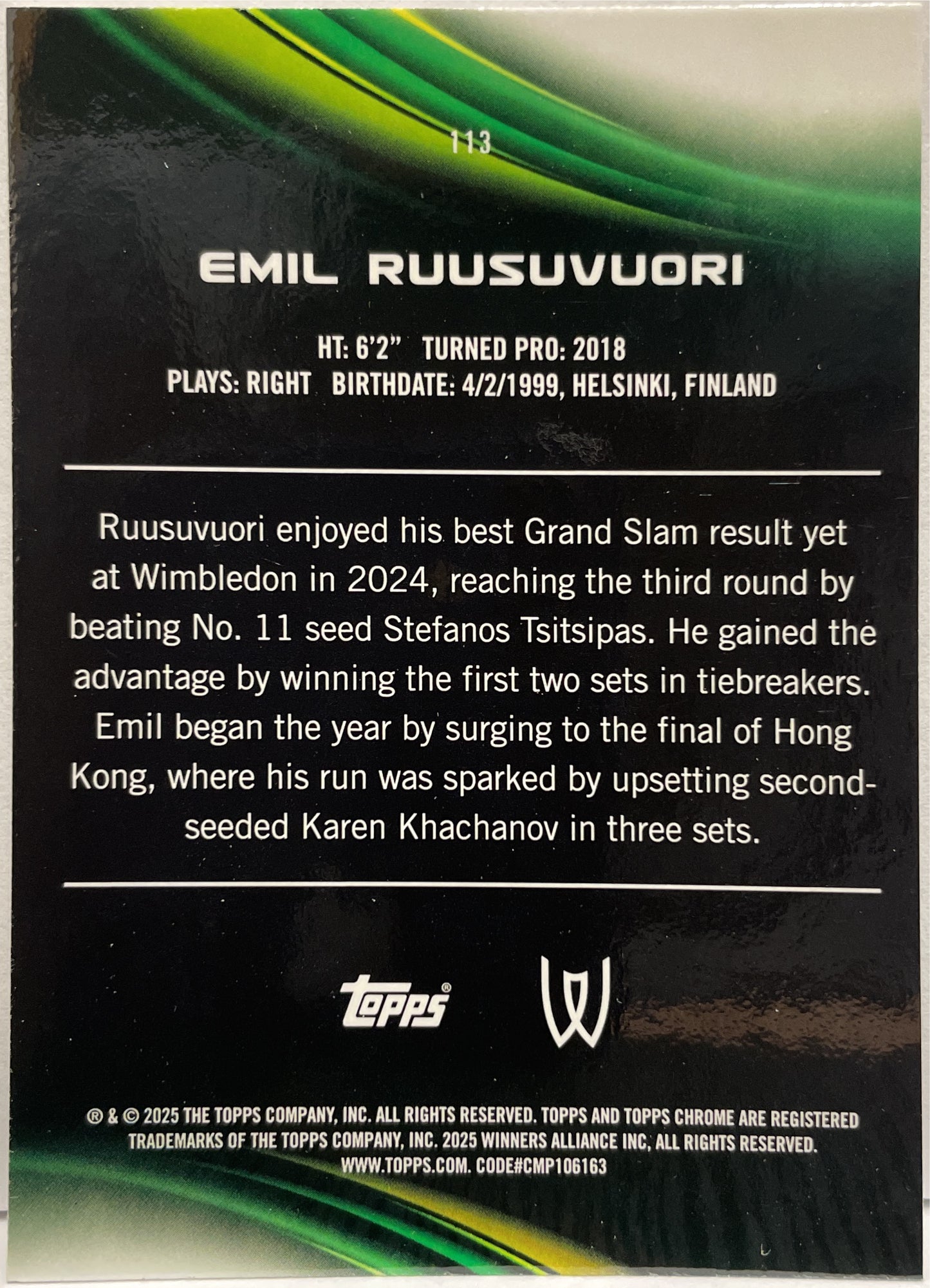 Emil Ruusuvuori 27/125 1ST Purple Green Topps Chrome Tennis 2025
