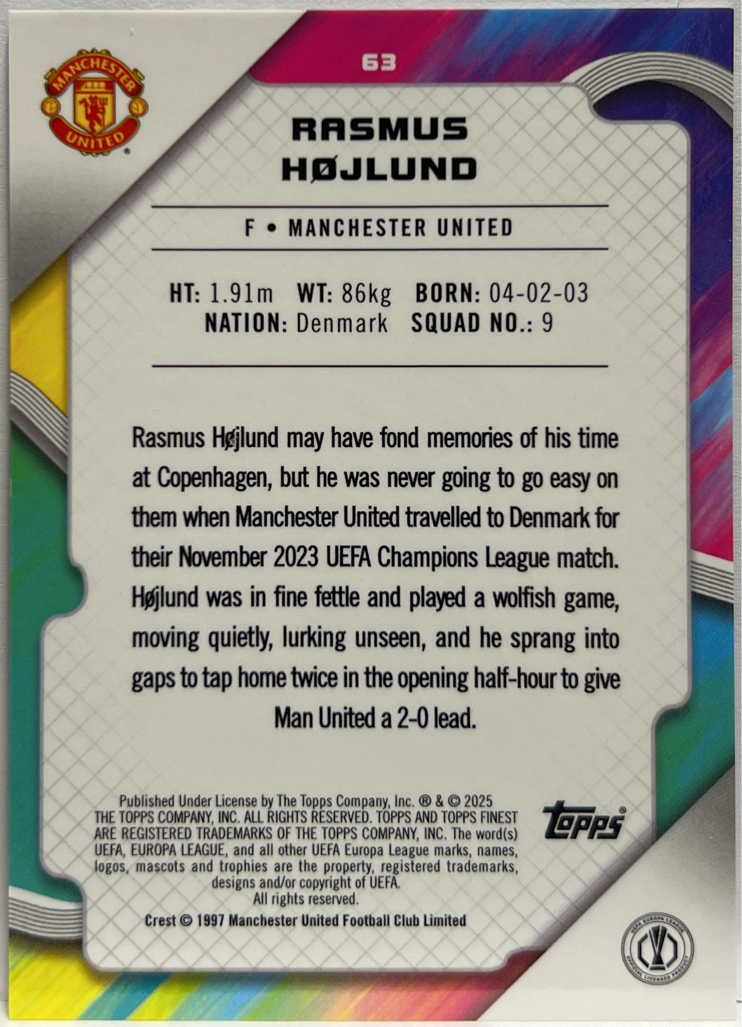 Rasmus Hojlund 7/10 Black Topps Finest UCC 2024/25