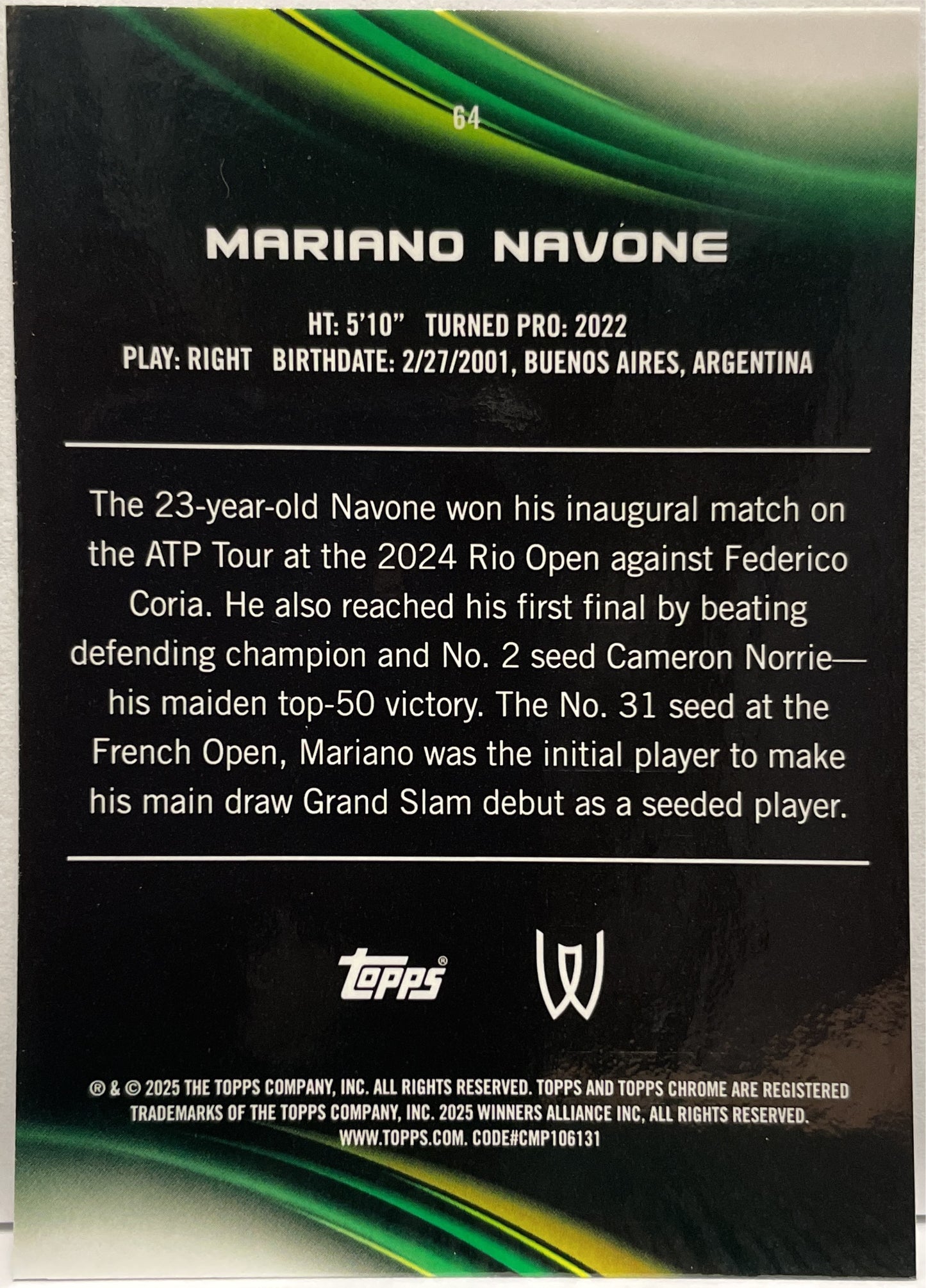 Mariano Navone 115/125 Rookie Purple Green Topps Chrome Tennis 2025