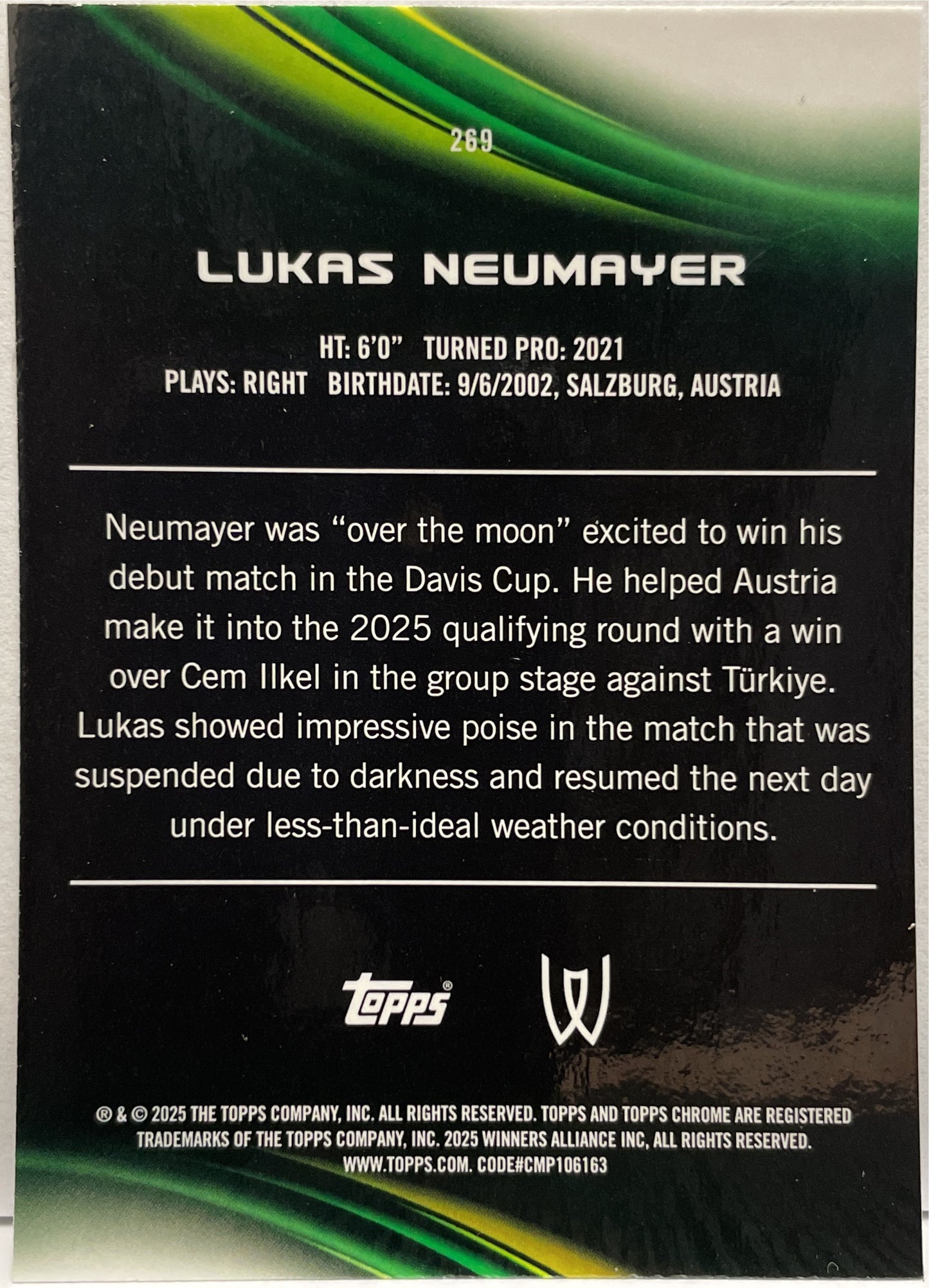 Lukas Neumayer 66/125 Rookie Purple Green Topps Chrome Tennis 2025