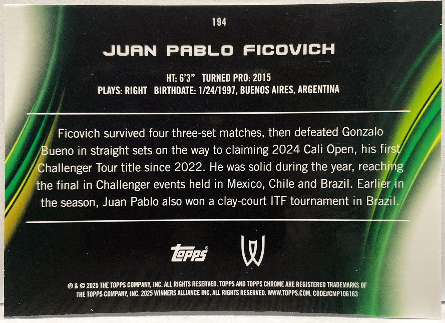 Juan Pablo Ficovich 49/125 Rookie Purple Green Topps Chrome Tennis 2025
