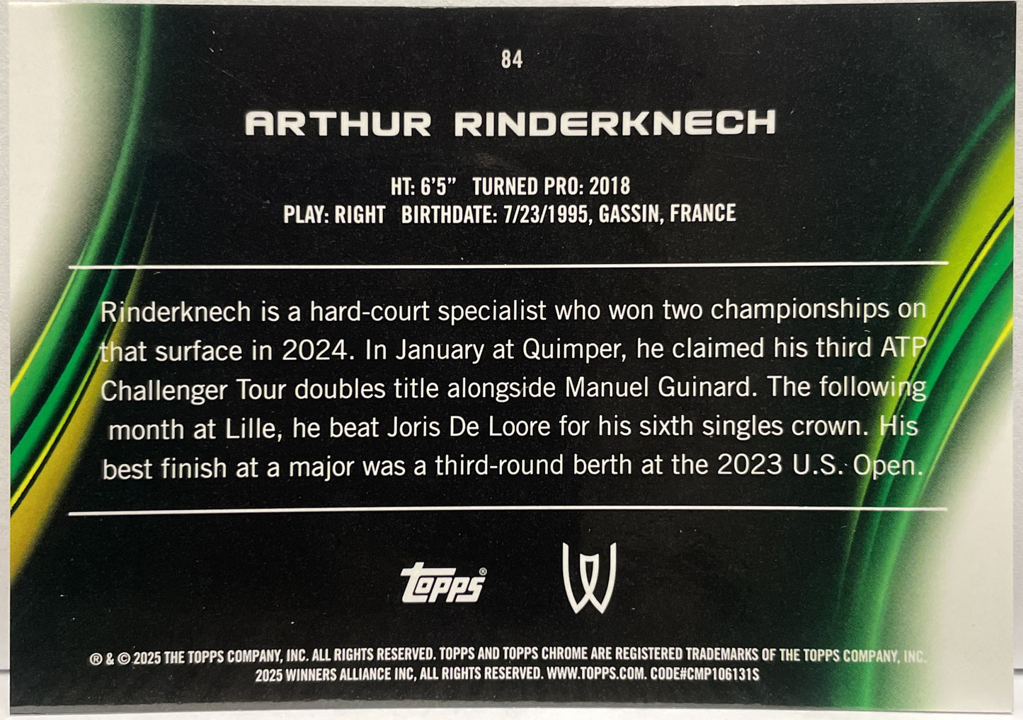 Arthur Rinderknech 120/125 Purple Green Topps Chrome Tennis 2025