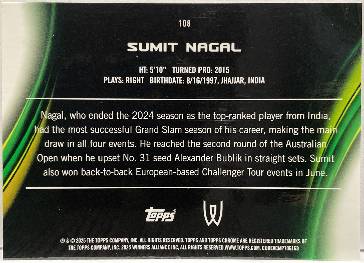 Sumit Nagal 121/125 Purple Green Topps Chrome Tennis 2025