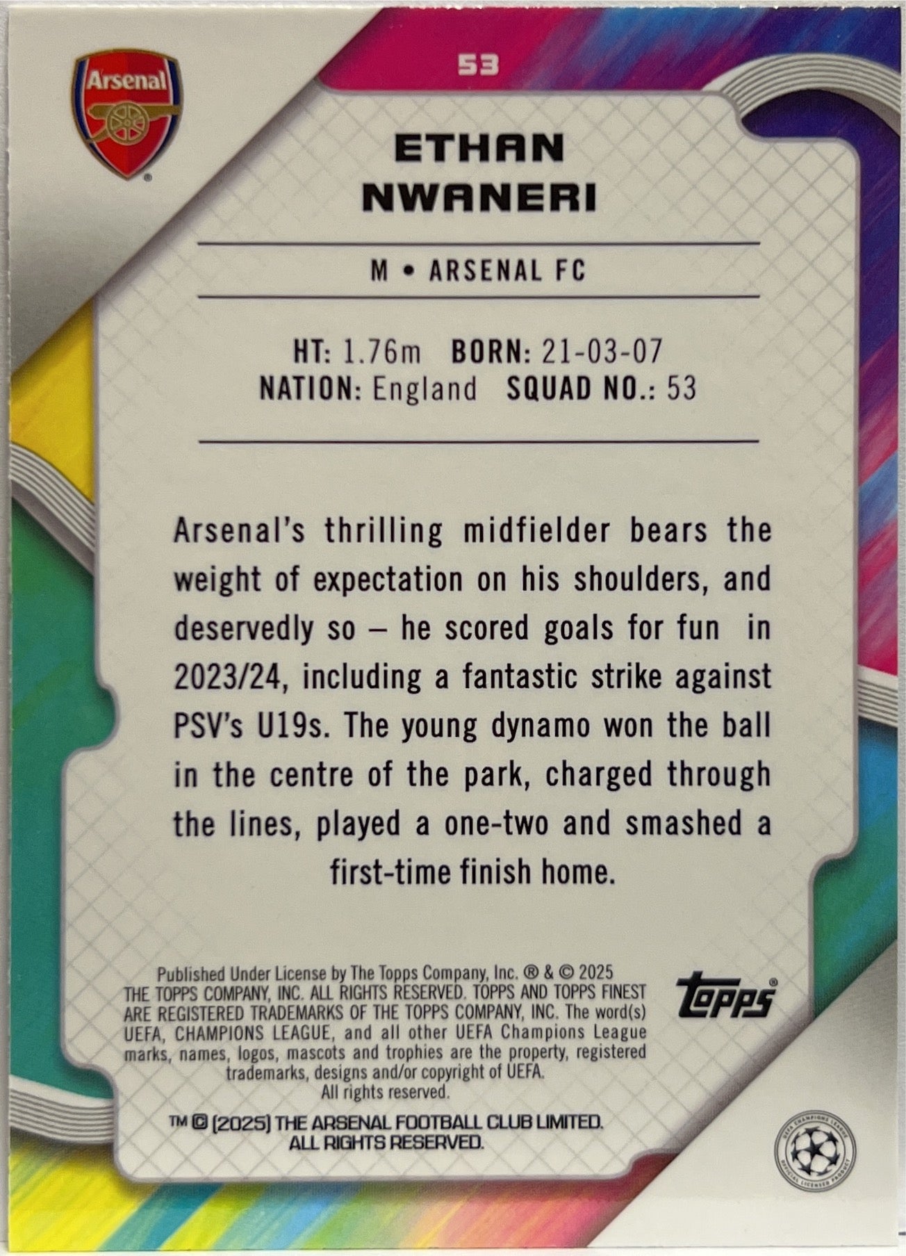 Ethan Nwaneri 293/299 Rookie Purple Topps Finest UCC 2024/25