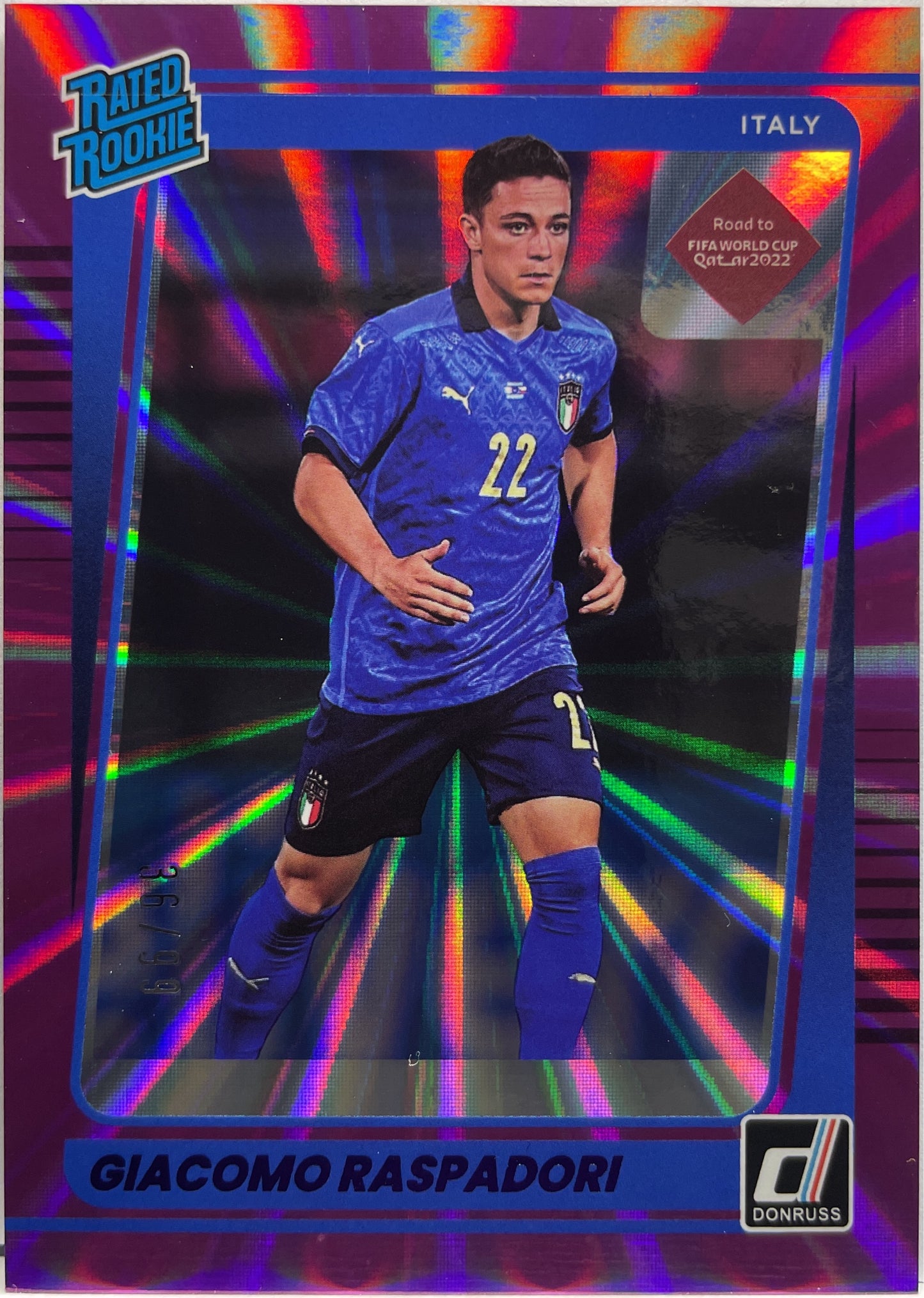 Giacomo Raspadori 36/99 Rated Rookie Purple Laser Donruss Road To Qatar 2021/22