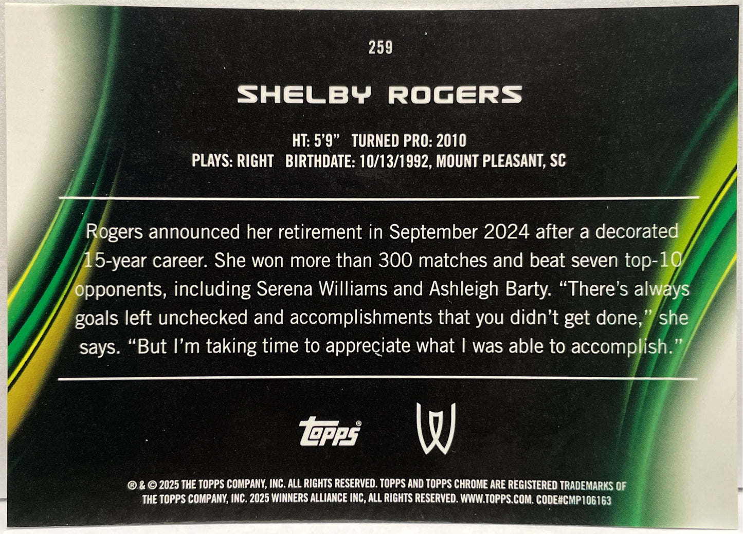 Shelby Rogers 120/125 Purple Green Topps Chrome Tennis 2025