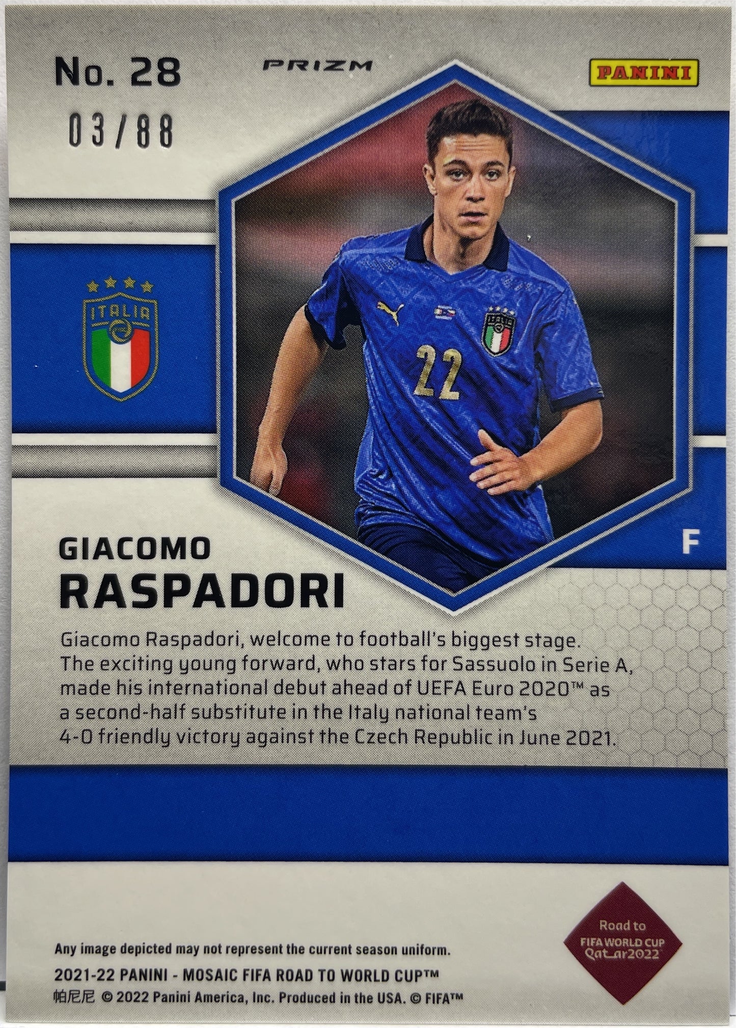 Giacomo Raspadori 3/88 Rookie Red/Gold Choice Mosaic Road To Qatar 2021/22