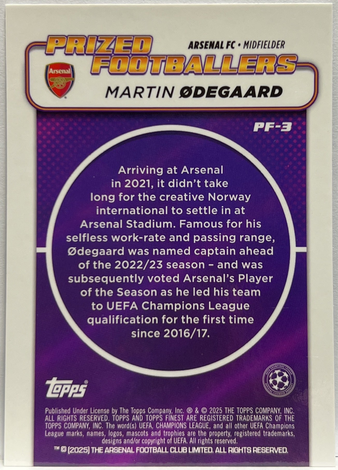 Martin Odegaard 228/299 Prized Footballers Purple Topps Finest UCC 2024/25