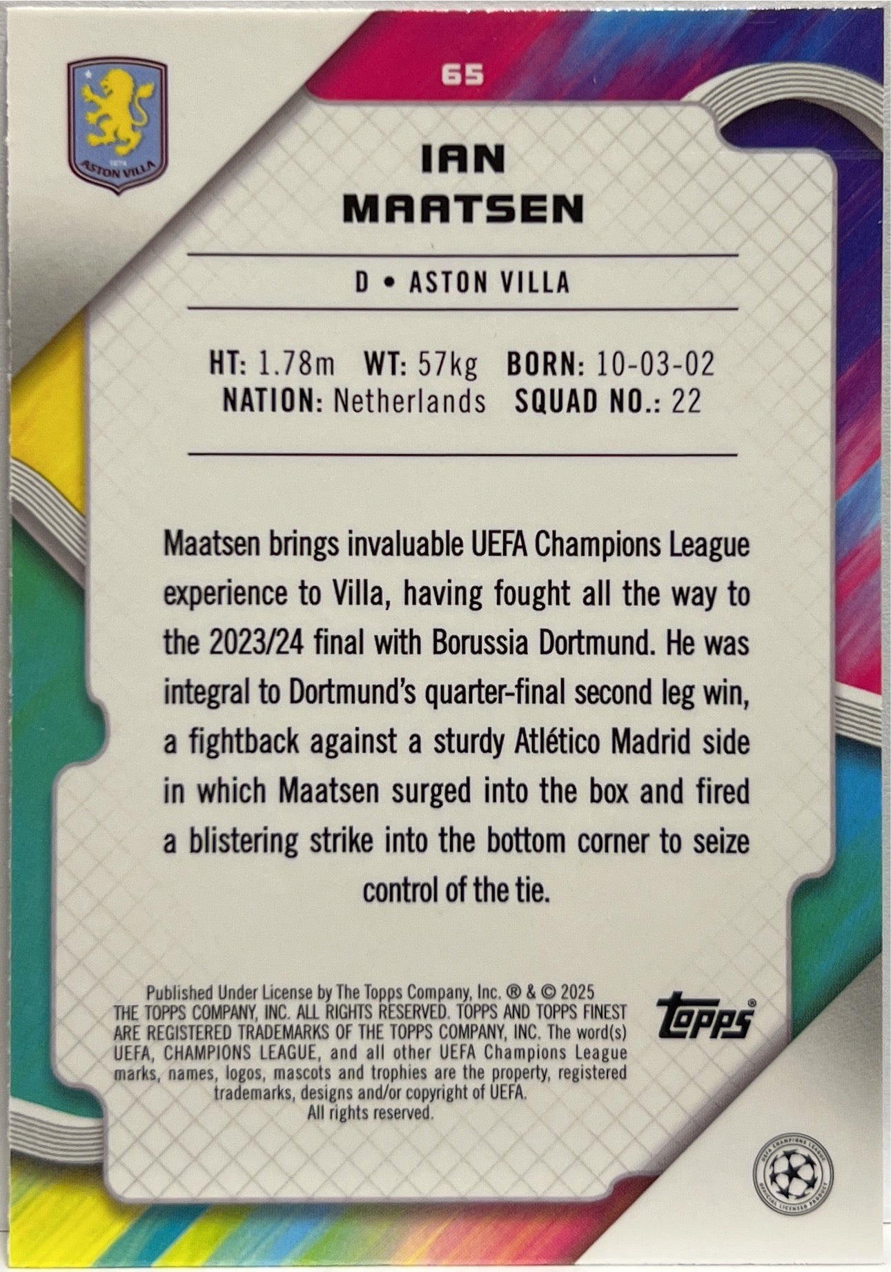 Ian Maatsen 261/275 Sky Blue Topps Finest UCC 2024/25