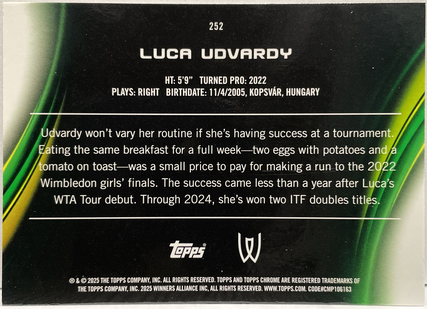 Luca Udvardy 112/125 Purple Green Topps Chrome Tennis 2025