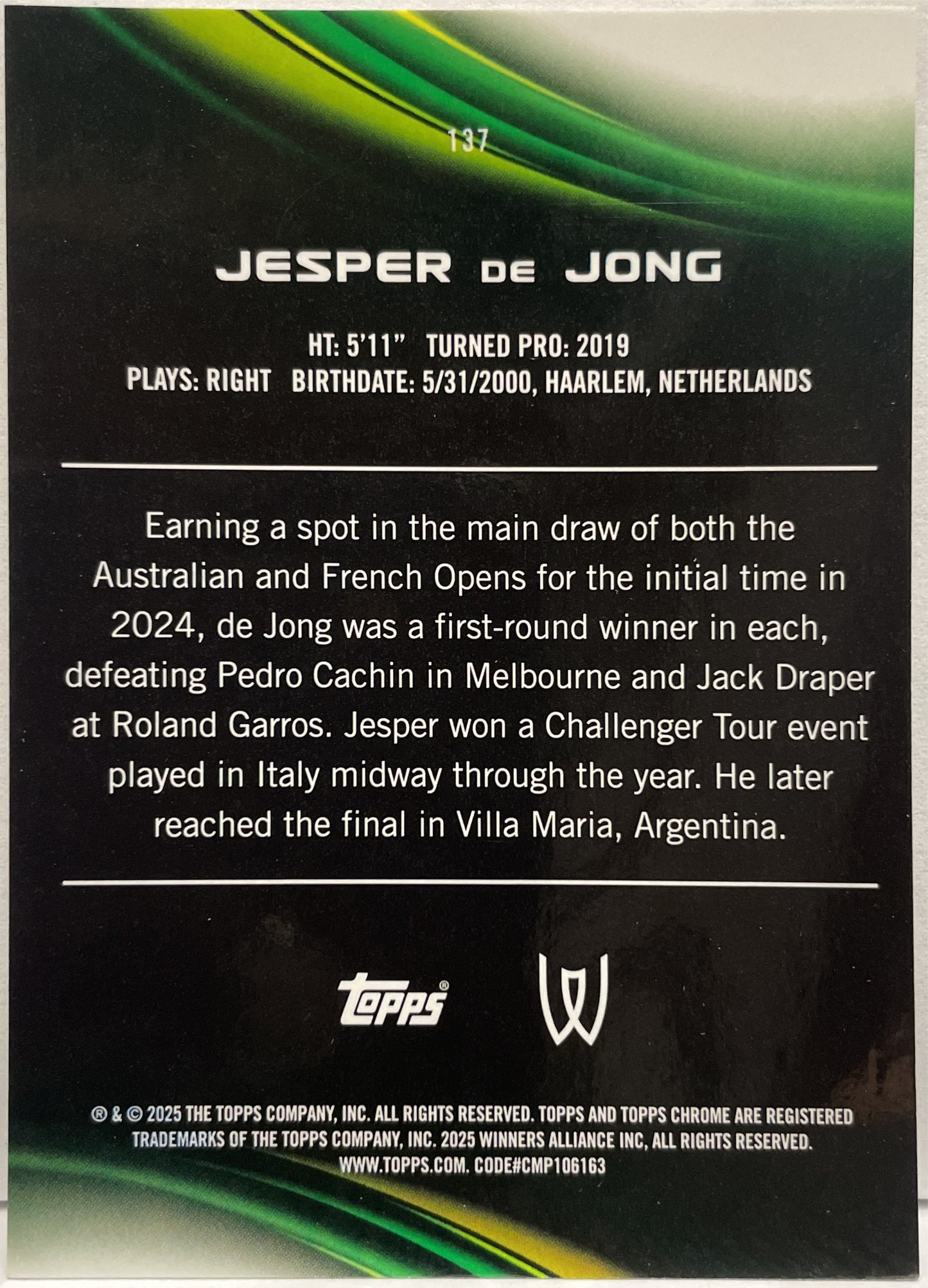 Jesper De Jong 115/125 Purple Green Topps Chrome Tennis 2025