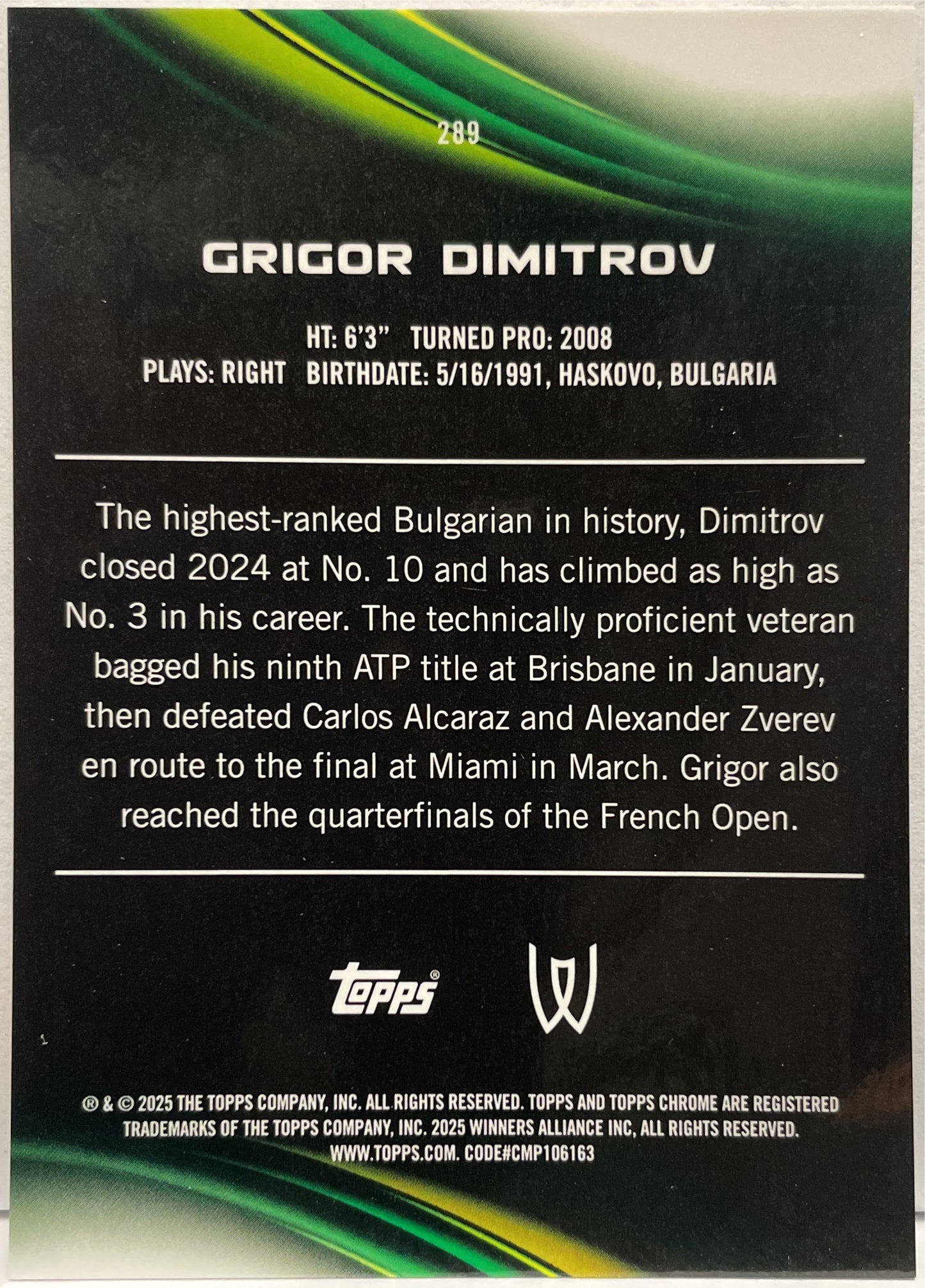Grigor Dimitrov 103/125 Purple Green Topps Chrome Tennis 2025