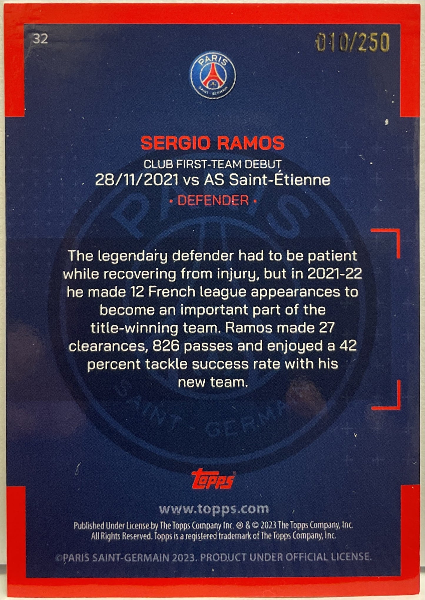 Sergio Ramos 10/250 Green Topps PSG Team Set 2022/23