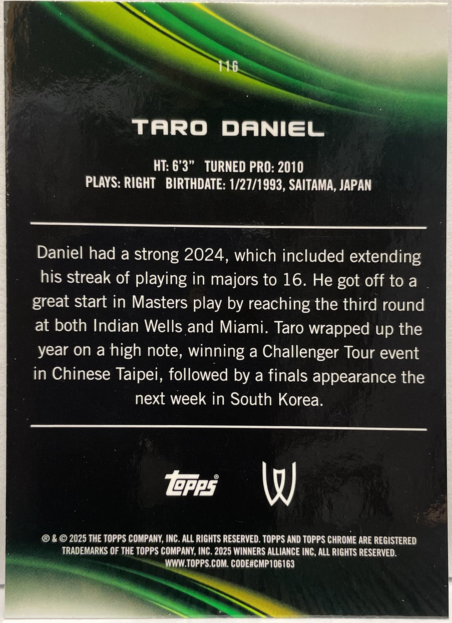 Taro Daniel 55/125 Purple Green Topps Chrome Tennis 2025