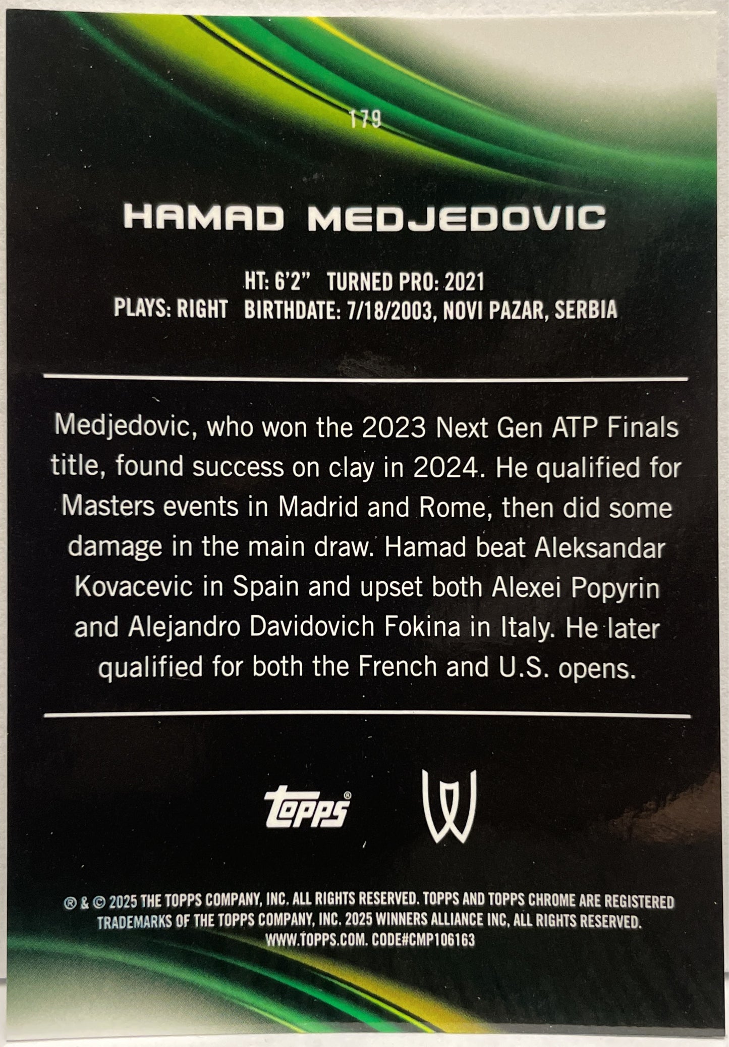 Hamad Medjedovic 82/125 Purple Green Topps Chrome Tennis 2025