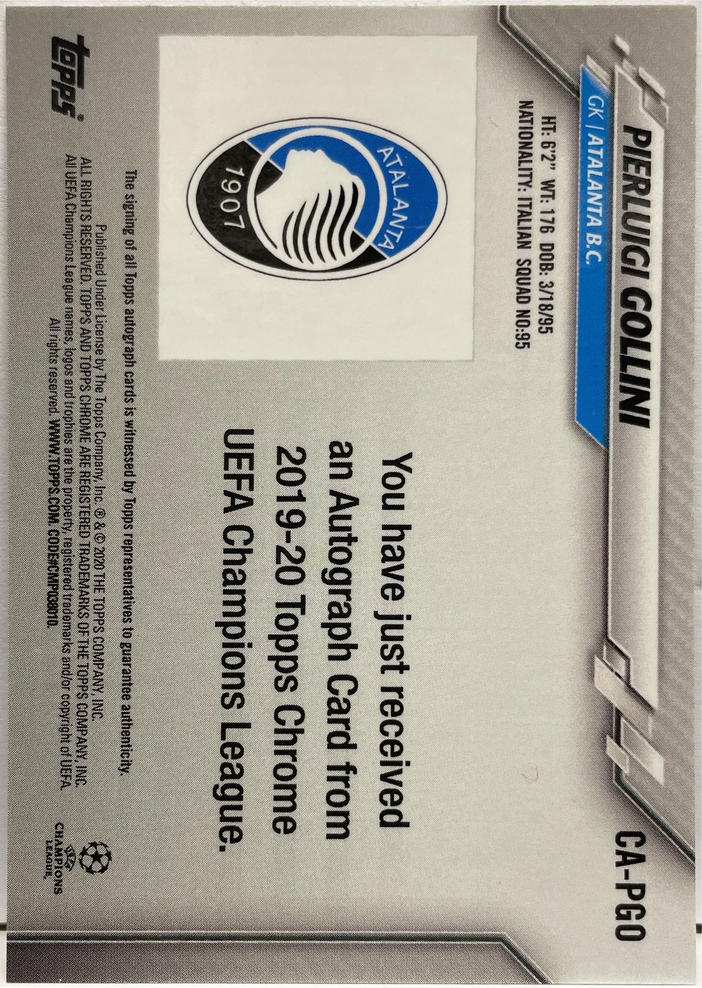 Pierluigi Gollini Autograph Topps Chrome UCL 2019/20