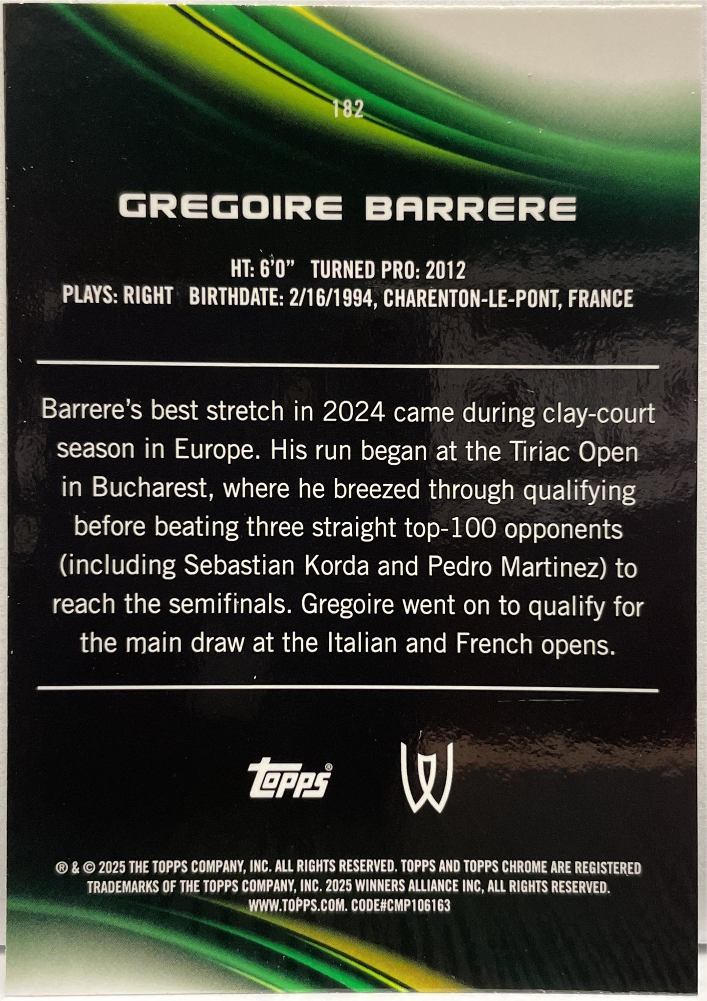 Gregoire Barrere 114/125 Purple Green Topps Chrome Tennis 2025