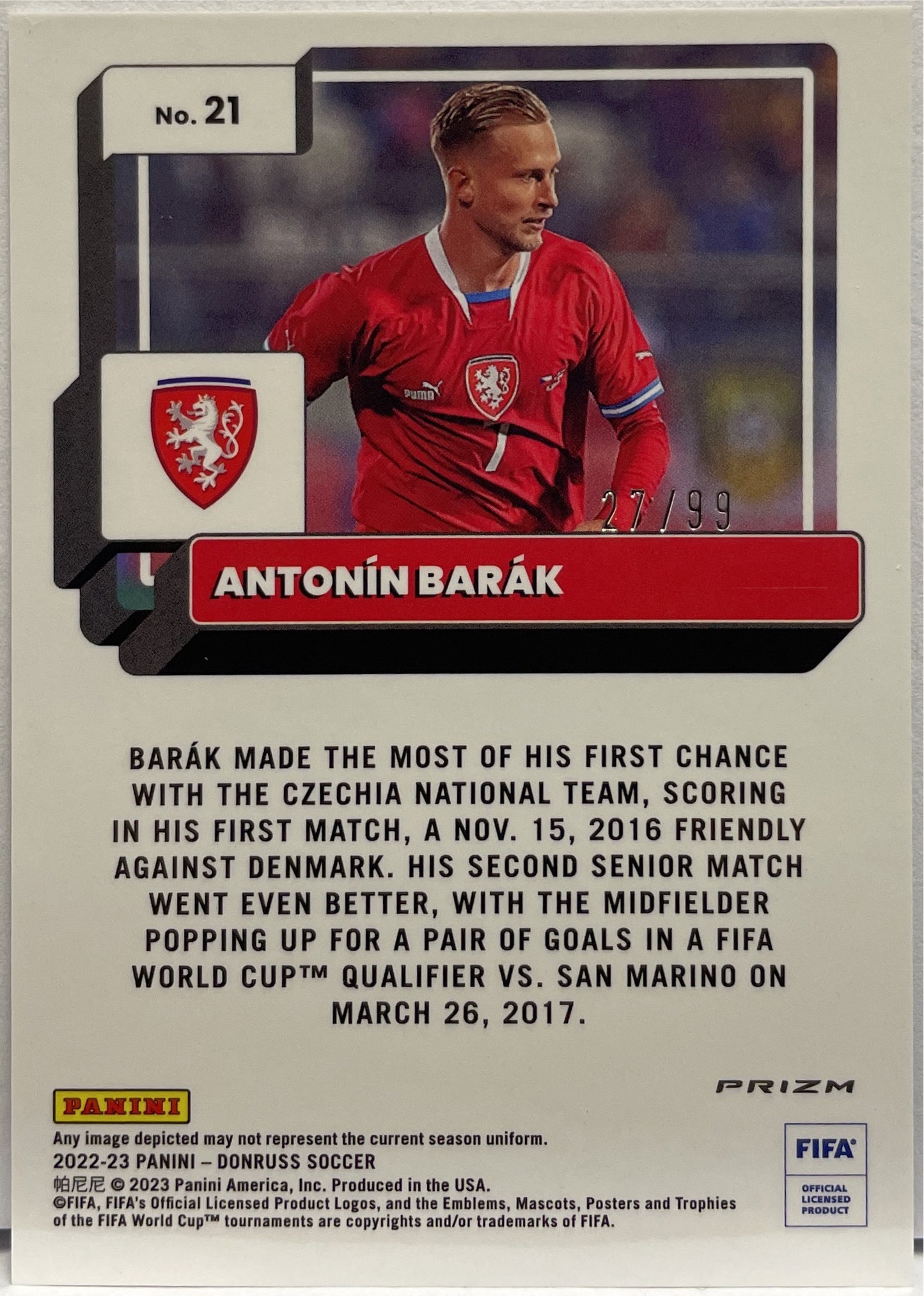 Antonin Barak 27/99 Cracked Ice Purple Optic Donruss Fifa 2022/23