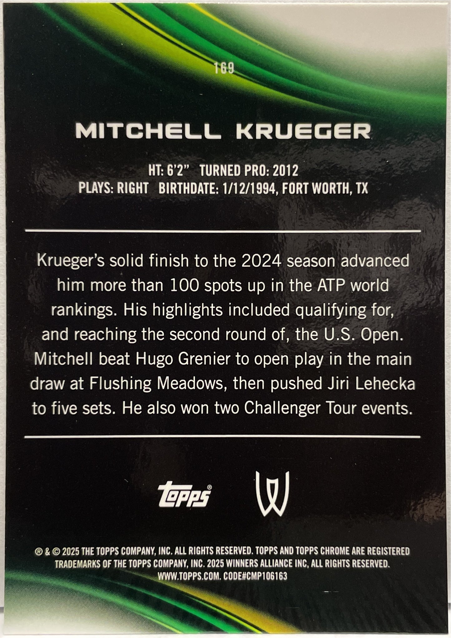 Mitchell Krueger 63/125 Purple Green Topps Chrome Tennis 2025