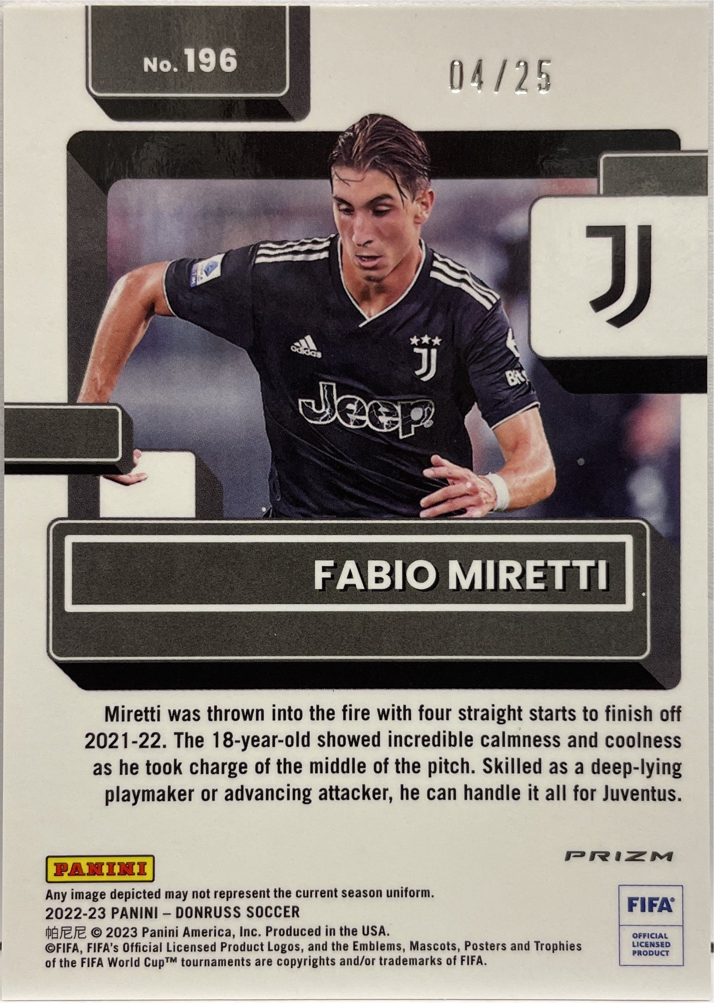 Fabio Miretti 4/25 Rated Rookie Optic Purple Mojo Donruss 2022/23