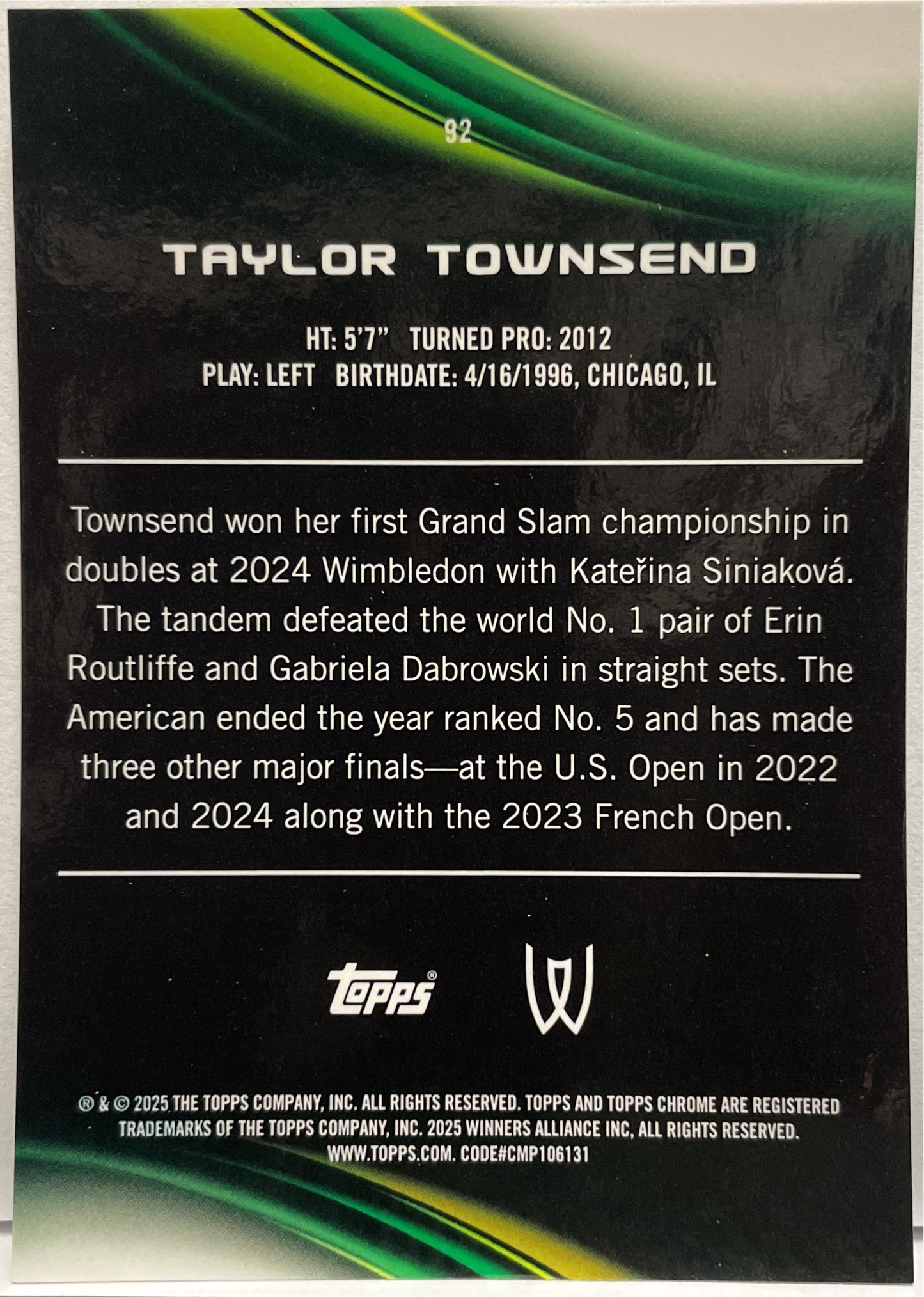 Taylor Townsend 110/125 Purple Green Topps Chrome Tennis 2025