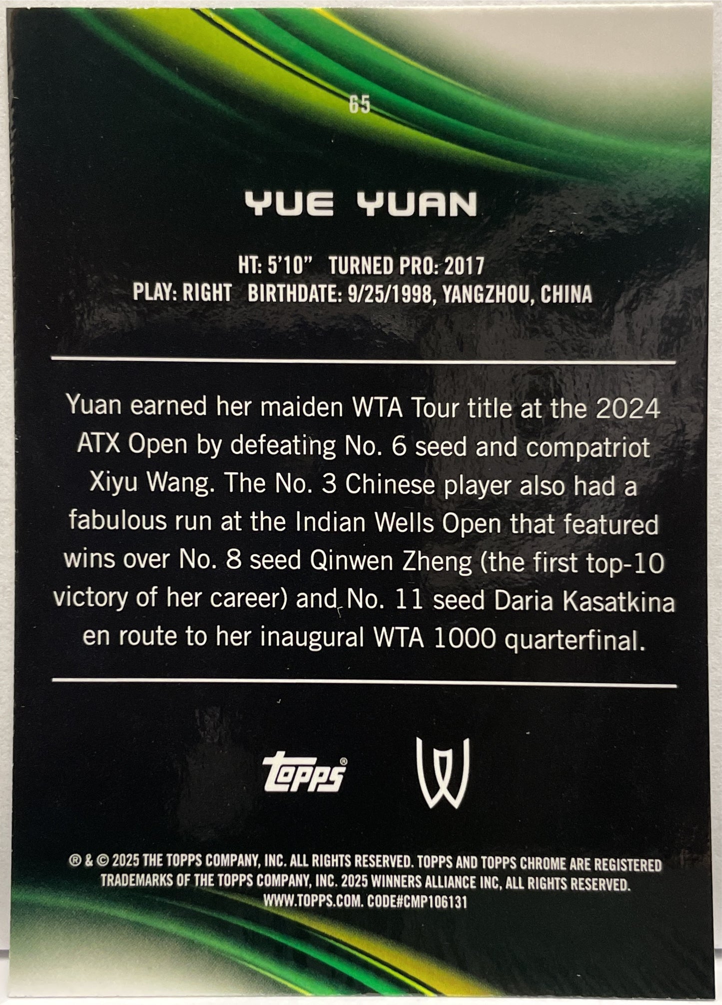 Yue Yuan 109/125 Purple Green Topps Chrome Tennis 2025