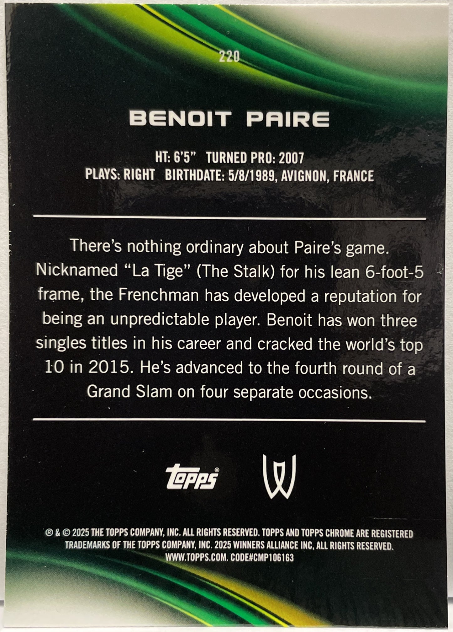 Benoit Paire 123/125 Purple Green Topps Chrome Tennis 2025