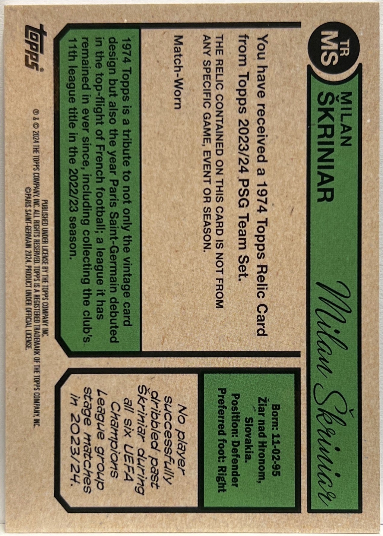 Milan Skriniar 187/250 Patch Blue Topps PSG Team Set 2023/24