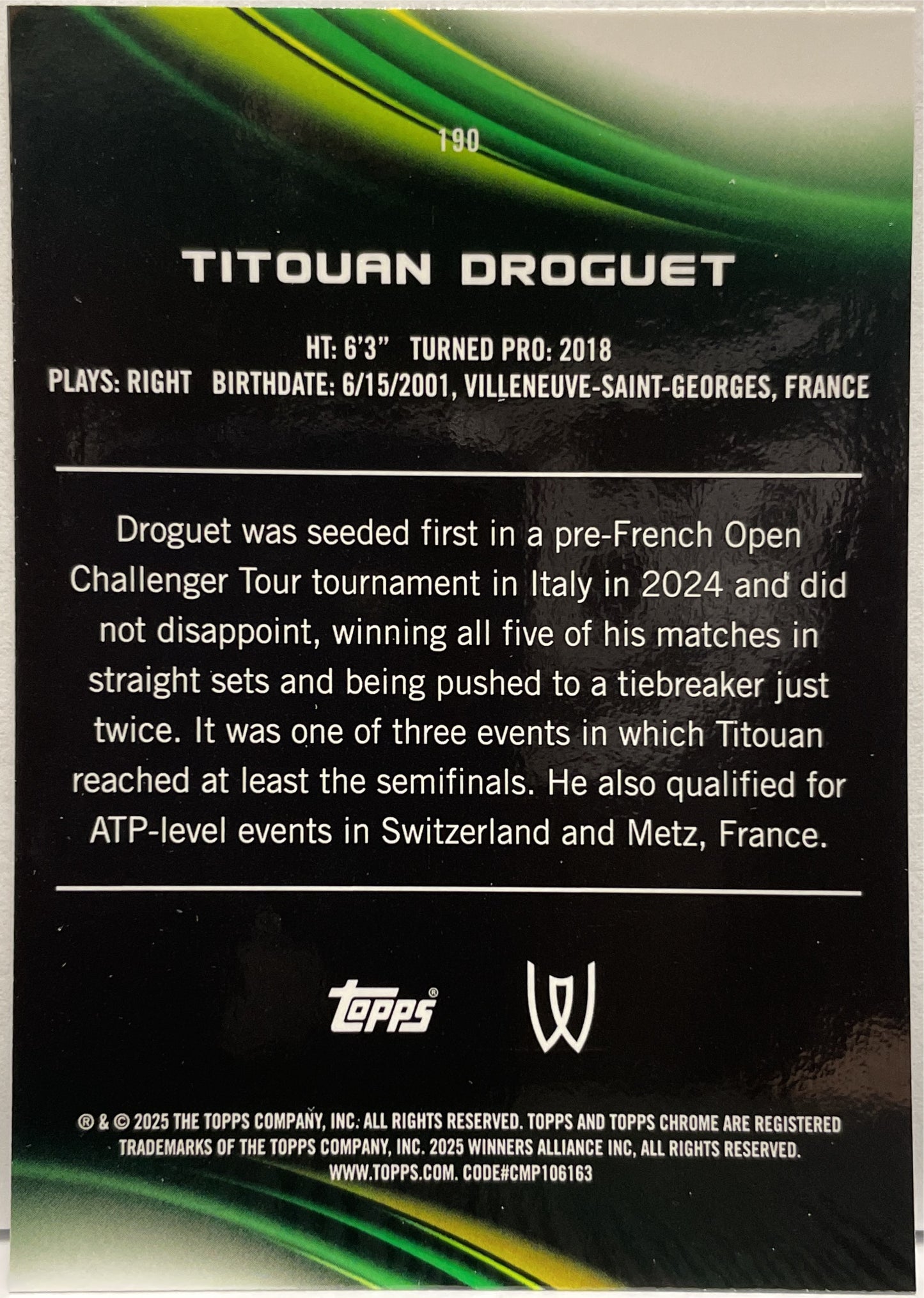 Titouan Droguet 48/125 Purple Green Topps Chrome Tennis 2025
