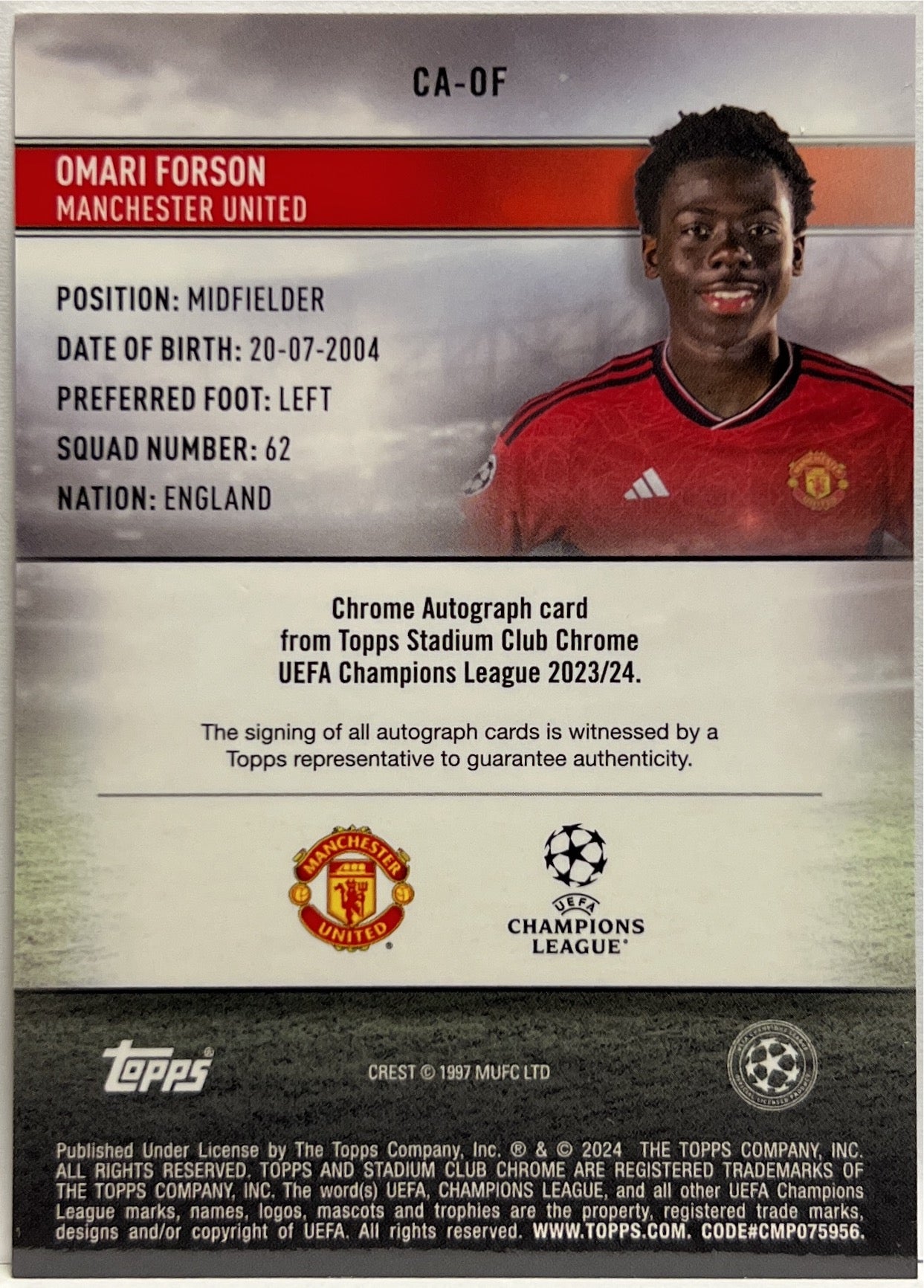 Omari Forson Rookie Autograph Topps Stadium Chrome 2023/24