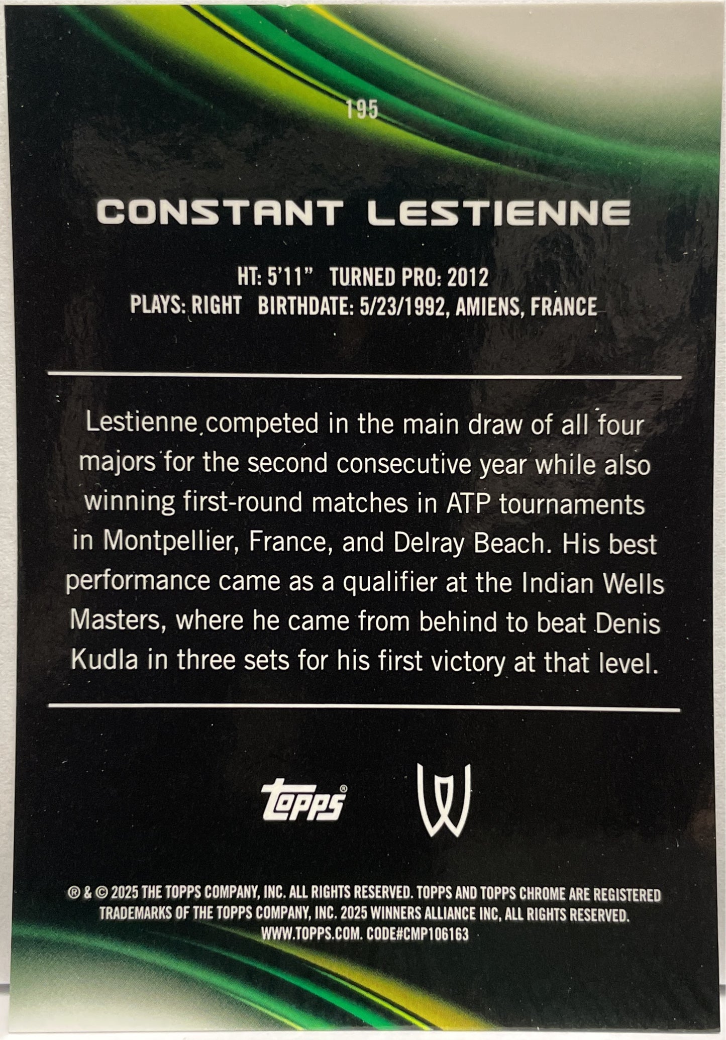 Constant Lestienne 51/125 Purple Green Topps Chrome Tennis 2025