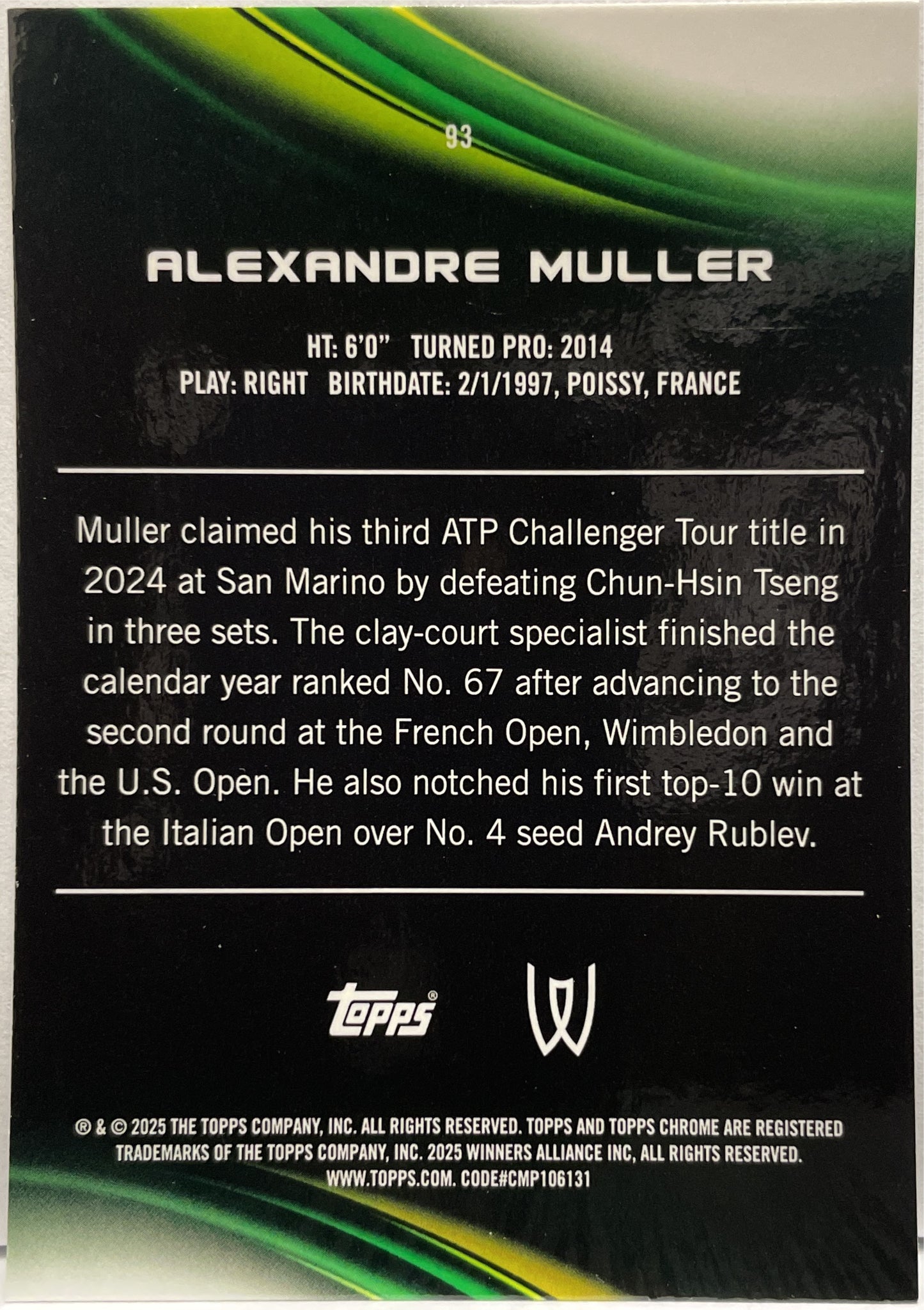 Alexandre Muller 55/125 Purple Green Topps Chrome Tennis 2025