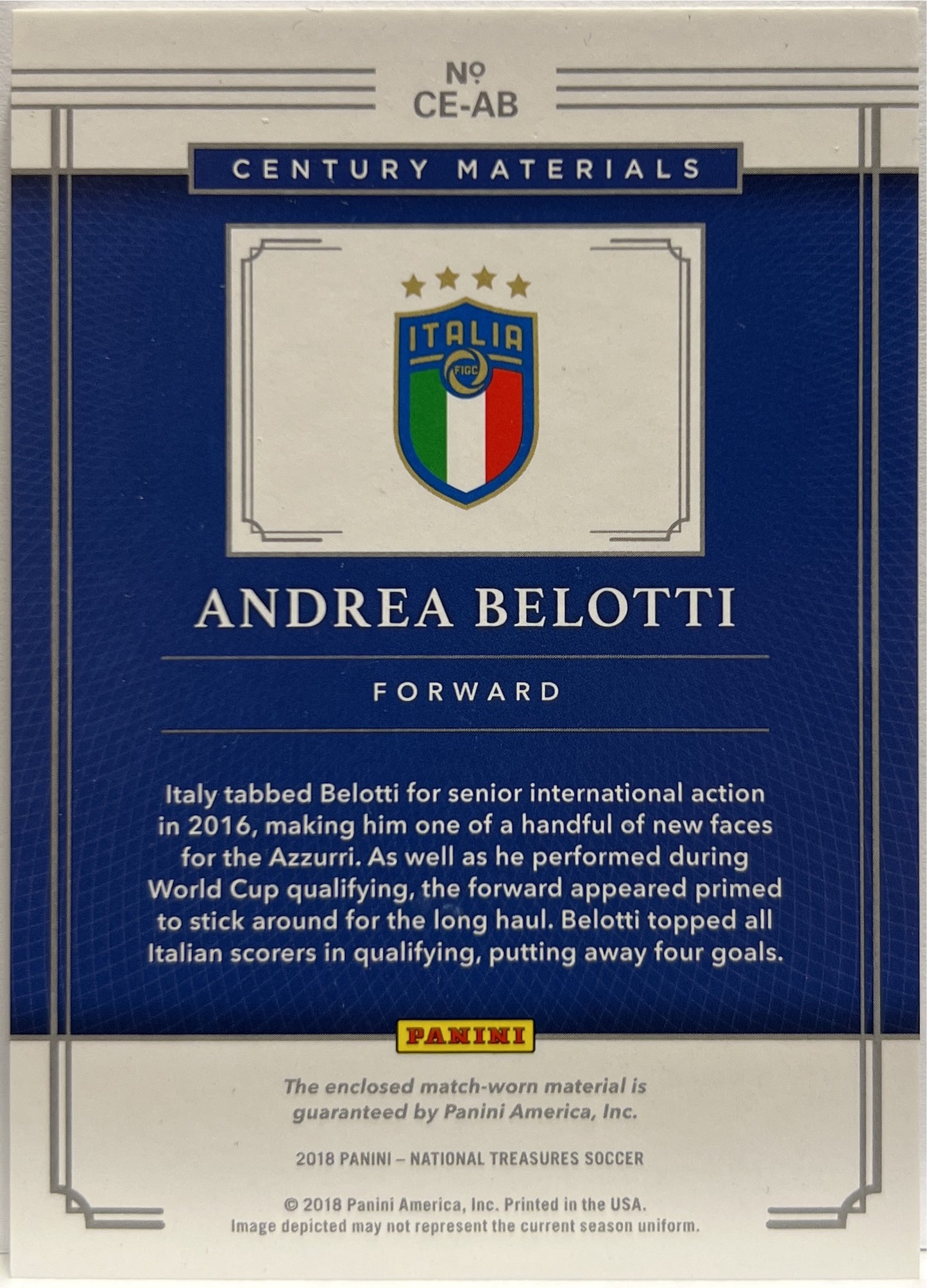 Andrea Belotti 6/10 Patch Century Materials Panini National Treasures 2018