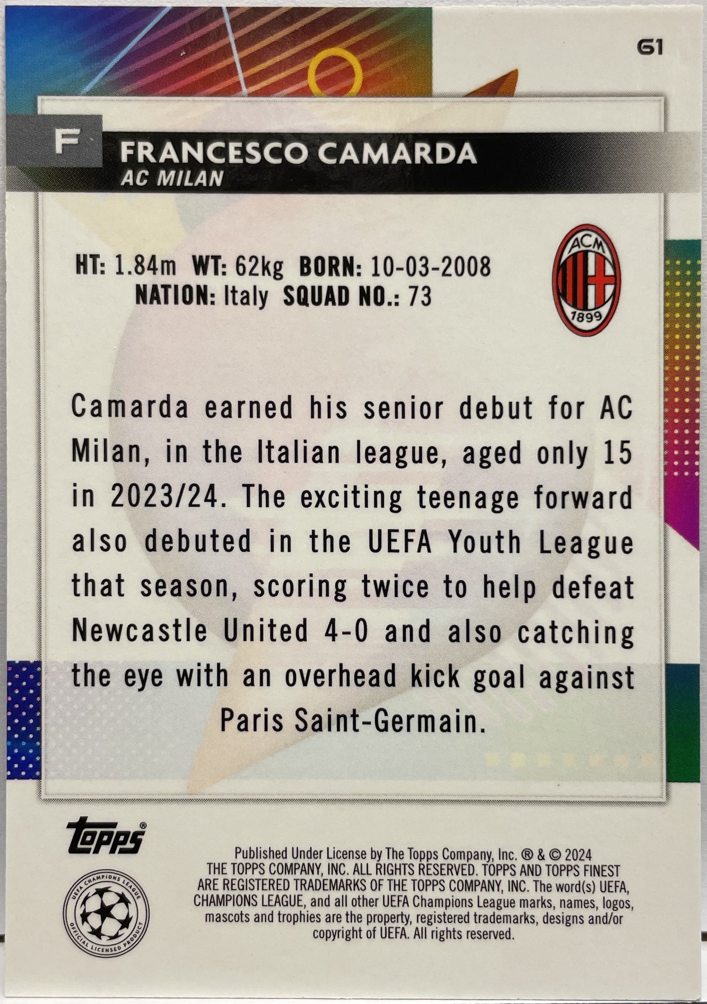 Francesco Camarda 29/275 Rookie Blue Topps Finest UCC 2023/24