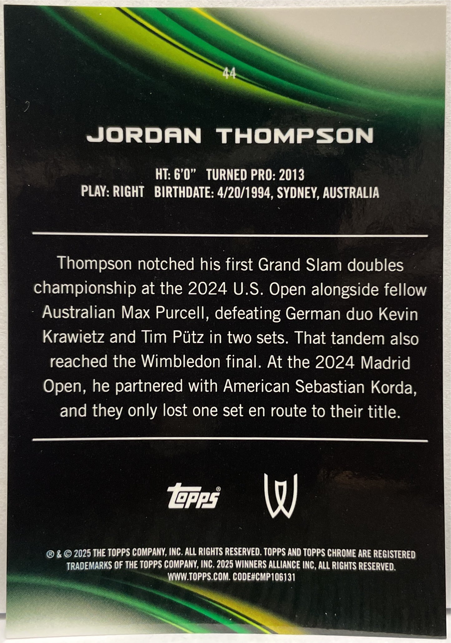 Jordan Thompson 105/125 Purple Green Topps Chrome Tennis 2025