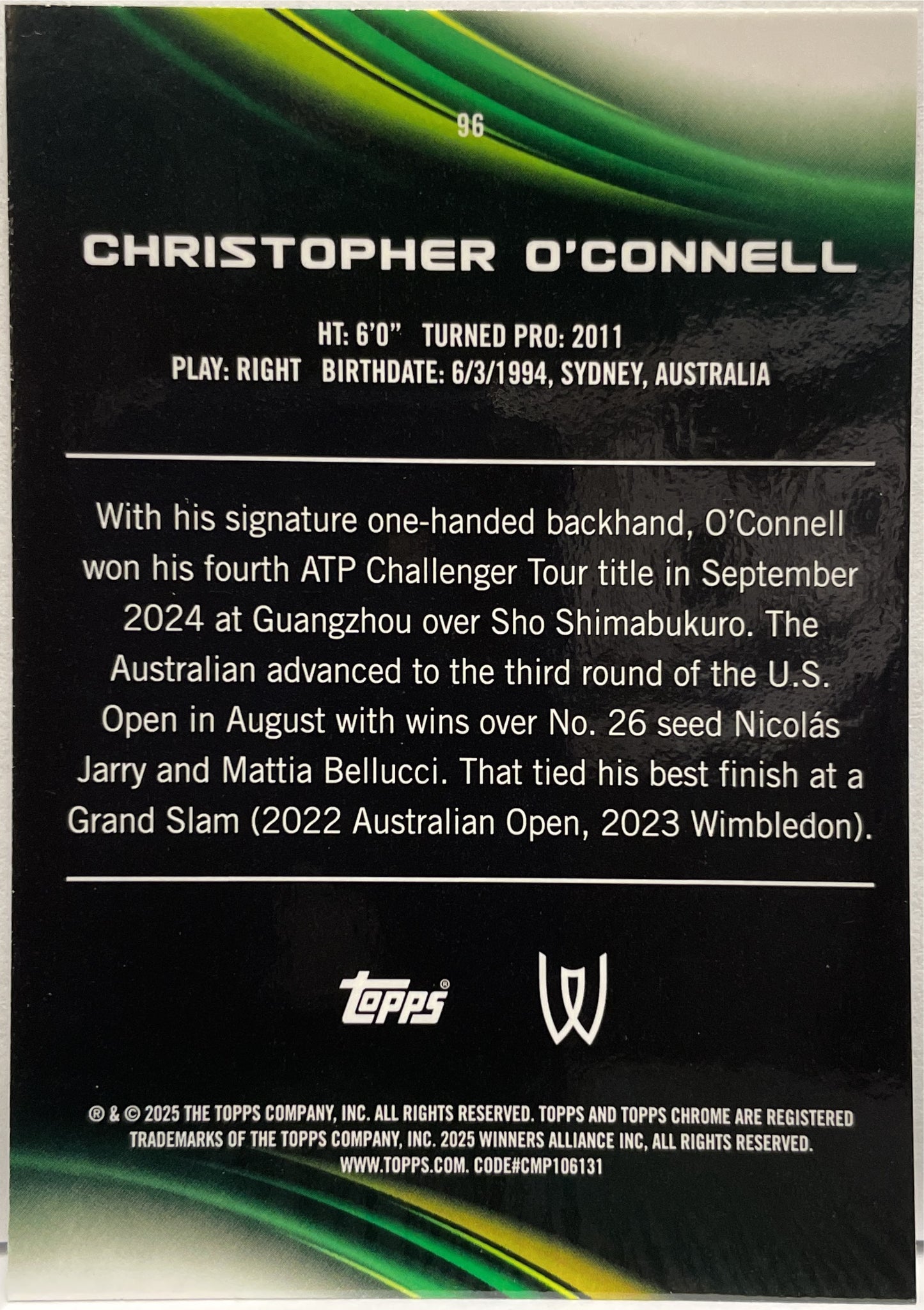 Christopher O'Connell 38/125 Purple Green Topps Chrome Tennis 2025