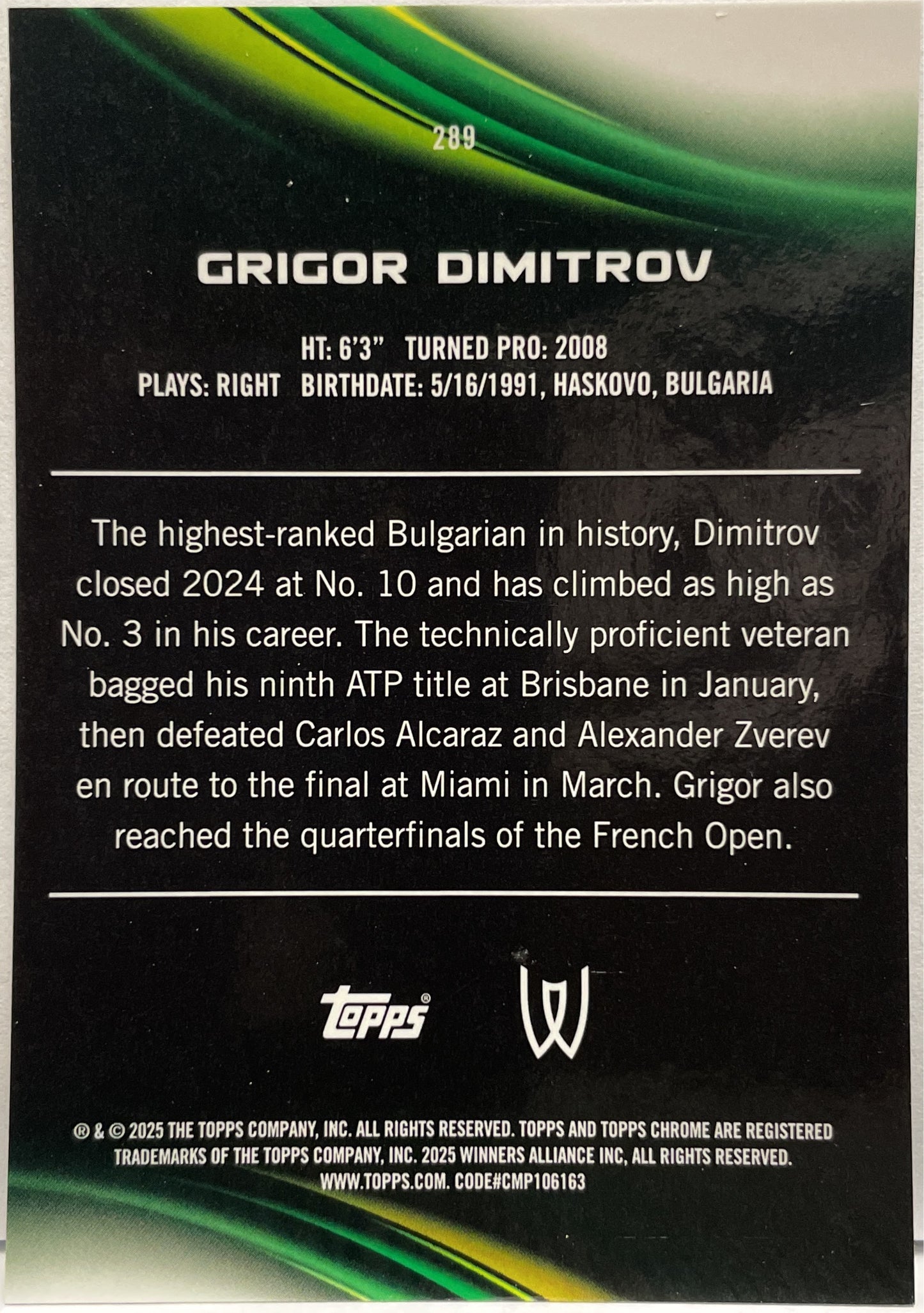 Grigor Dimitrov 73/125 Purple Green Topps Chrome Tennis 2025