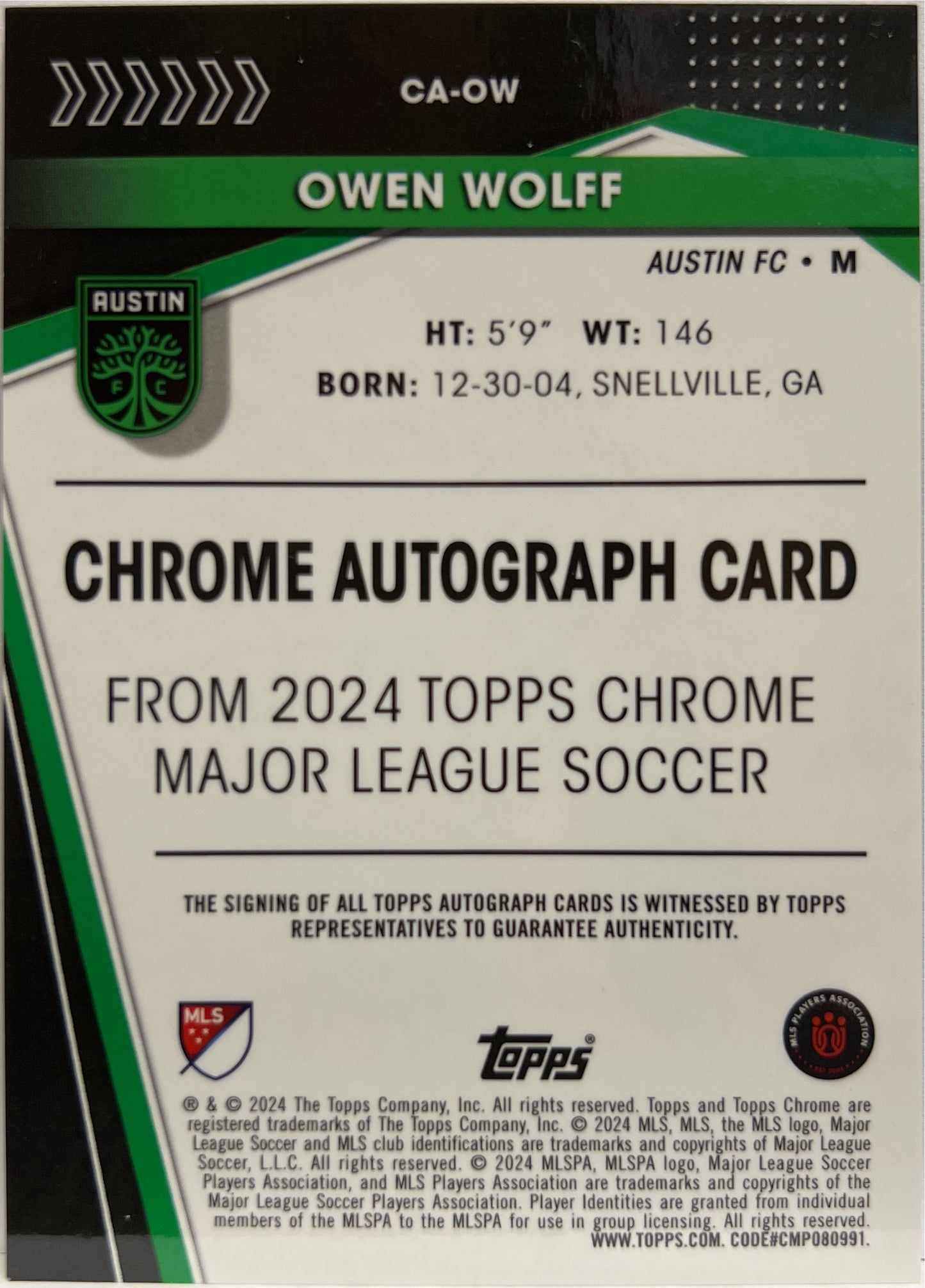 Owen Wolff Autograph Topps Chrome MLS 2023/24